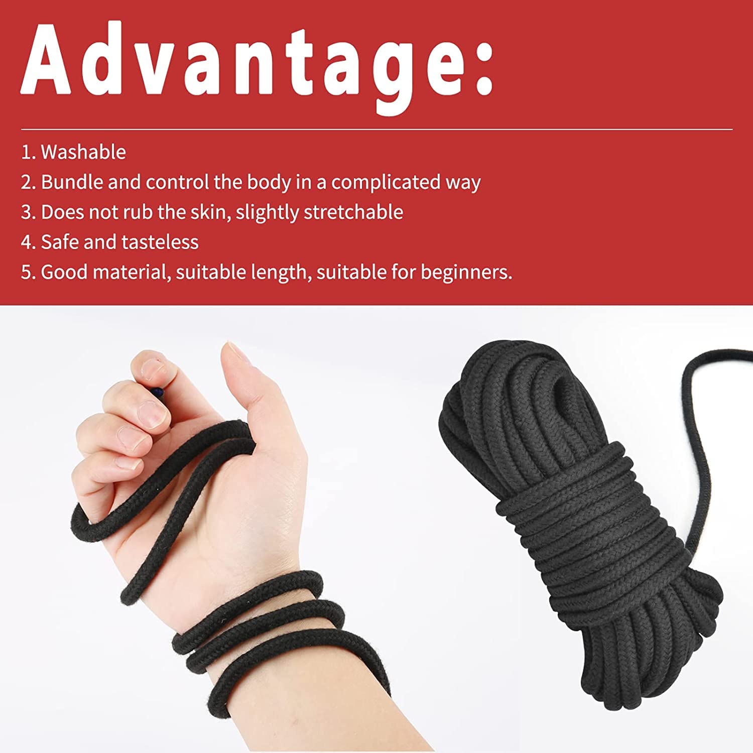 Super Soft Cotton-Rope Shibari Bondage / Restraint Kit, BDSM Beginner Set, Adult Sex Toys for Women Men and Couples(Black+Red)