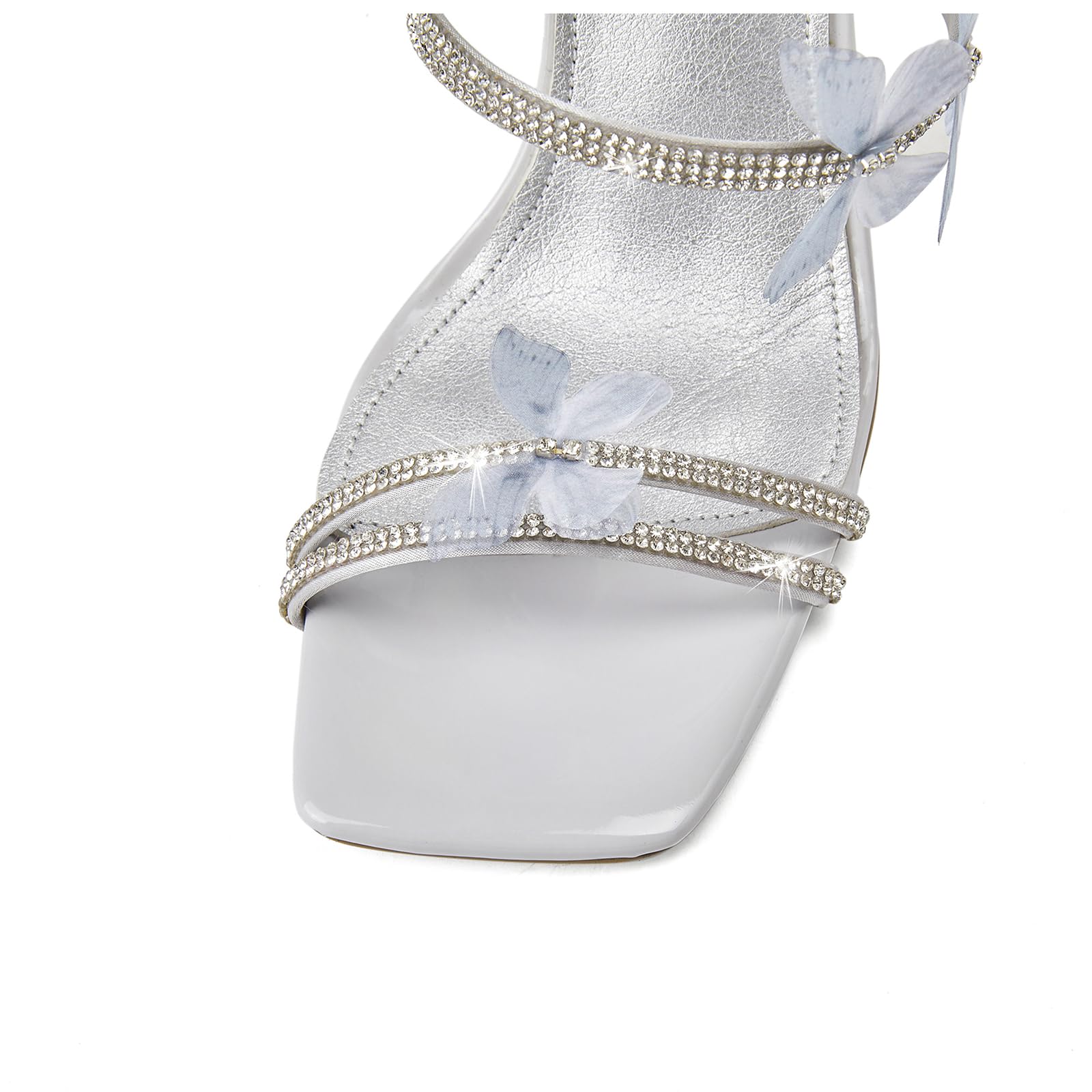 Womens Lace Up Sandals Square Open Toe Chunky High Heels Rhinestone Strappy High Block Heel Sandals Sparkly Dress Party Wedding Shoes: 9.5 Silver Grey