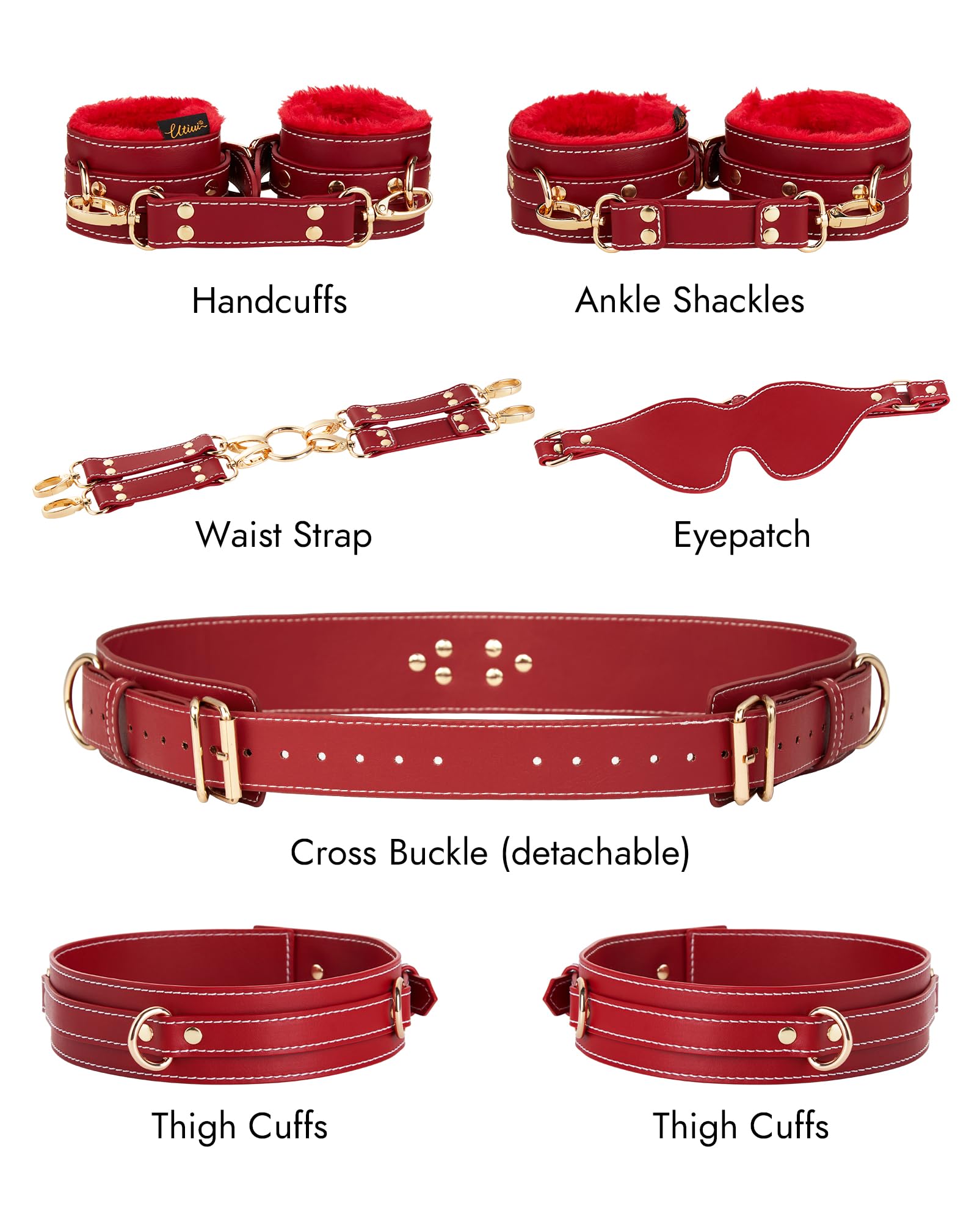 UTIMI Sex Bondage BDSM Kit Restraints 6PCS Sets with Adjustable Handcuffs Ankle Cuff Thigh Cuffs Blindfold Cross Strap Waist Strap Adult SM Games Sex Toys for Men Women and Couples: Red