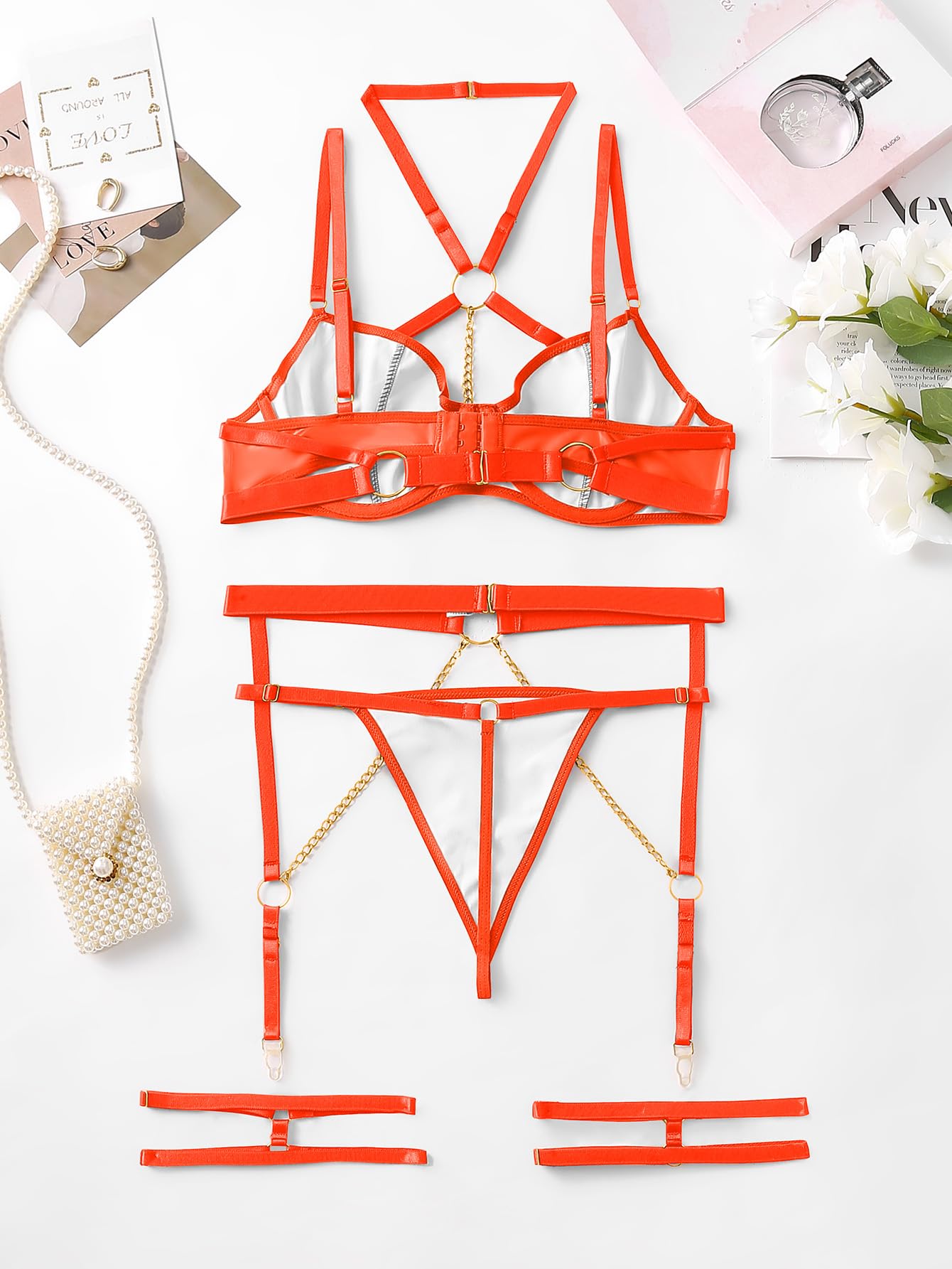 Lilosy Sexy Pu Leather Strappy Underwire Garter Belt Lingerie Set