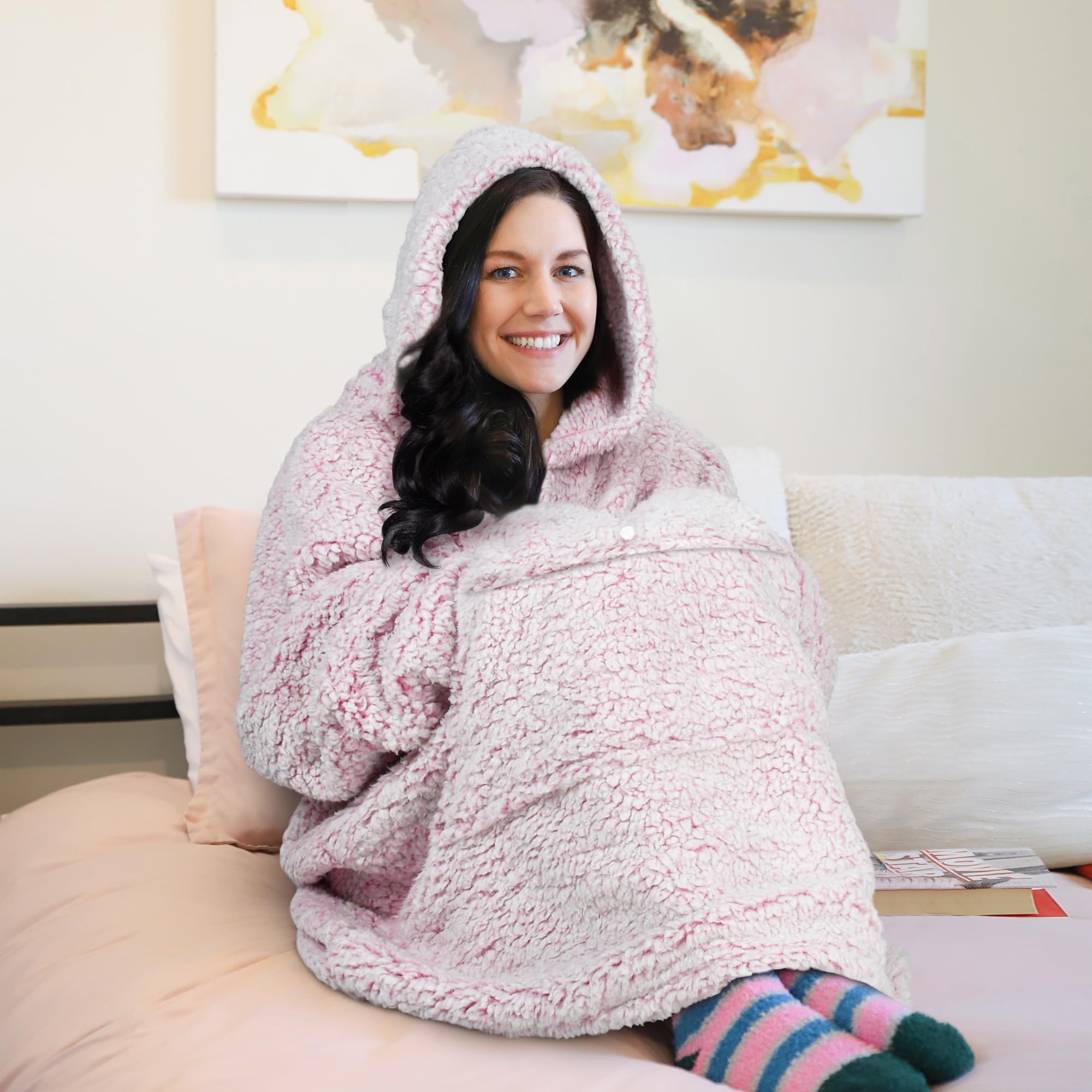 Catalonia Oversized Blanket Hoodie Sweatshirt, Wearable Sherpa Lounging Pullover for Adults Women Men: One Size Ombre Pink