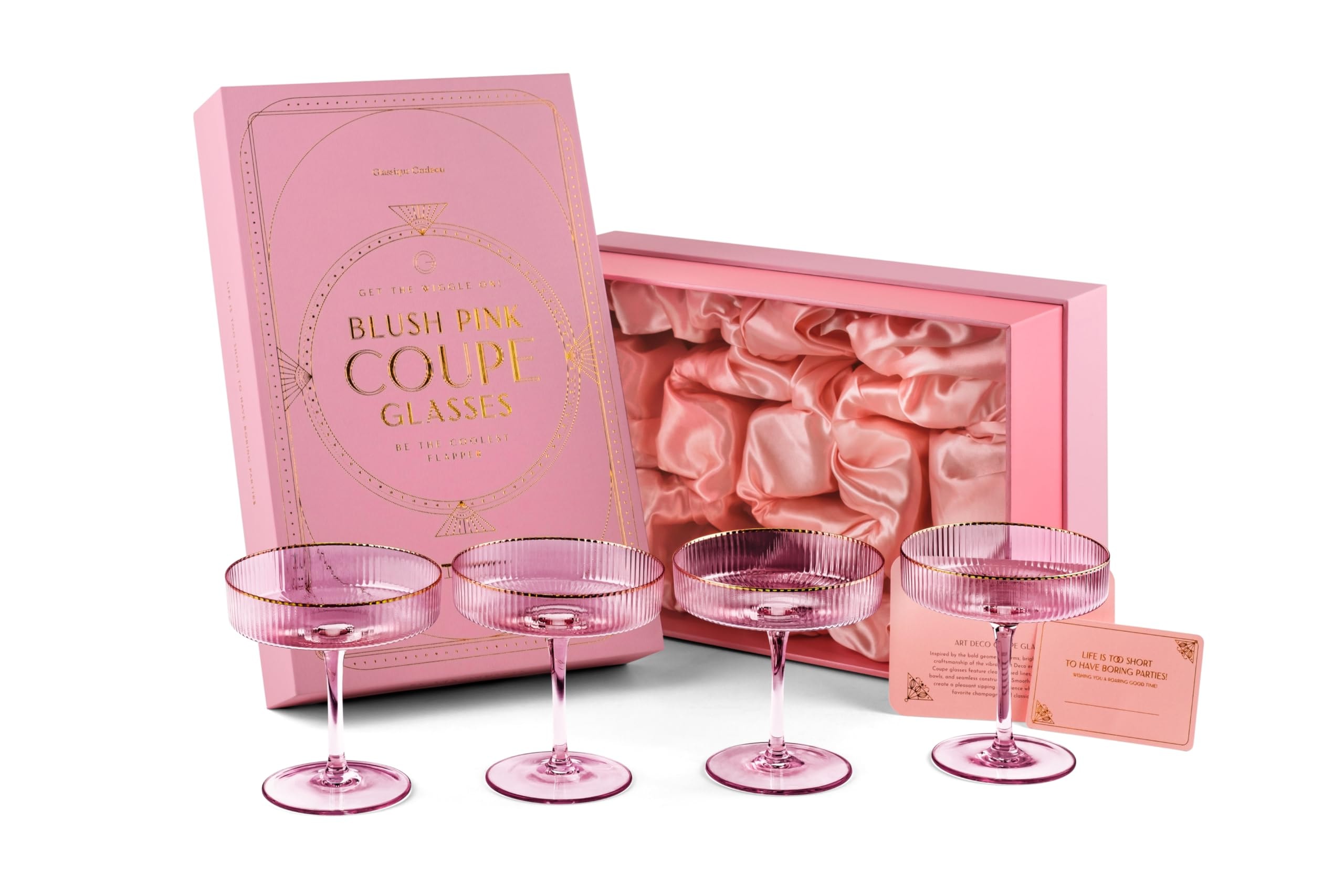 GLASSIQUE CADEAU Vintage Art Deco Blush Pink Coupe Glasses with Gold Rims | Set of 4 | 7 oz Crystal Ribbed Cocktail Glassware for Drinking Champagne, Martini, Cosmopolitan | Girly Speakeasy Saucers - Image 6