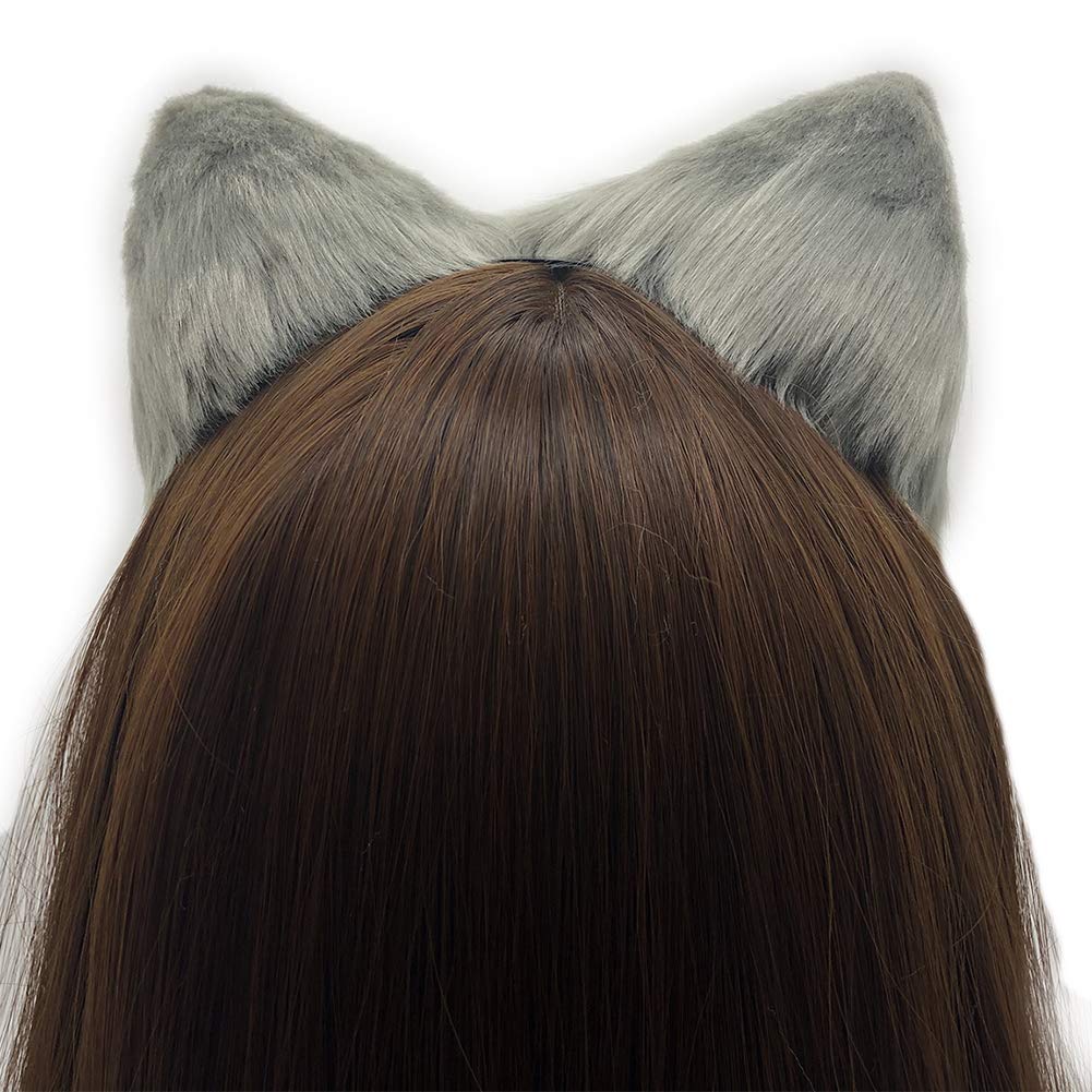 QinRuan Cat Fox Faux Fur Ears Headband Cute Halloween Fancy Dress Cosplay Handmade Animal Furry Ears Hair Hoop: Gray