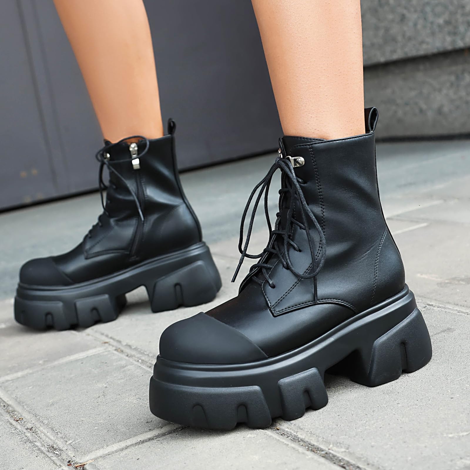 KSEDT Women's Leather Black Platform Dressy Combat Boots Lightweight Gothic Round Toe Zipper Block Chunky Heel Lug Sole Lace Up Goth Ankle Boots