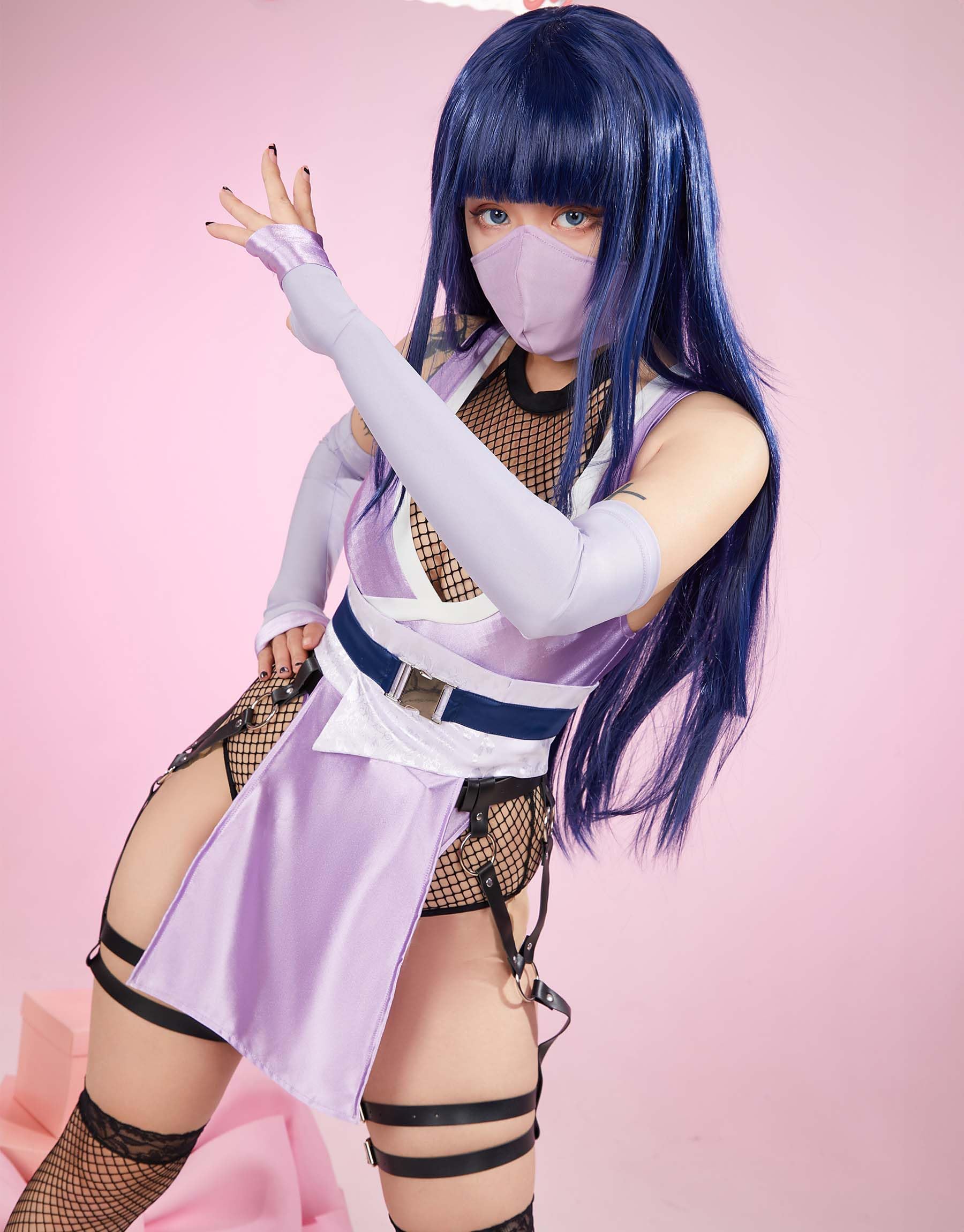 Mobbunny Womens Anime Cosplay Costume Purple High Slit Bodysuit Fishnet Mesh Bodysuit with Mask and Thigh Socks: Small