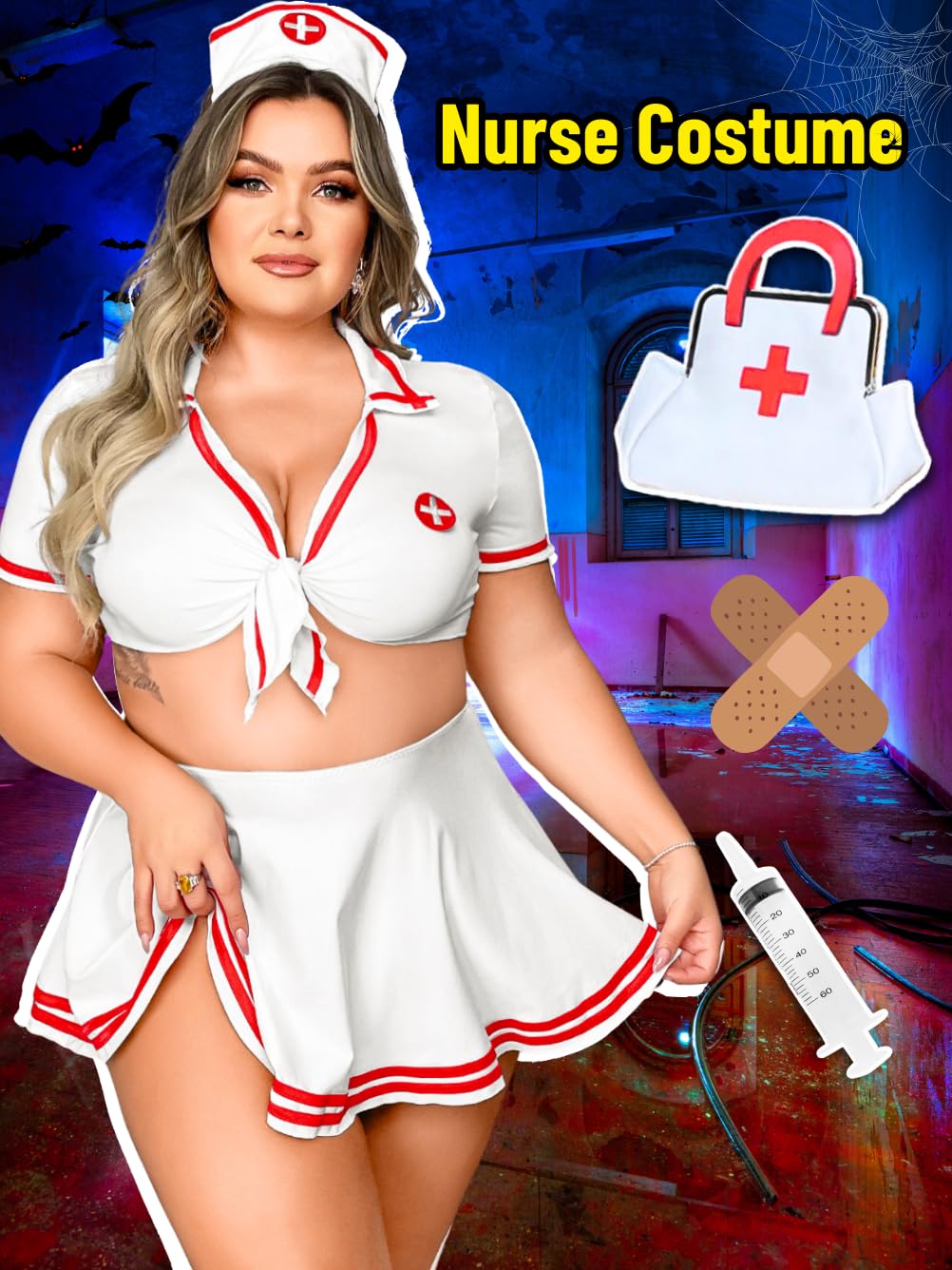 Kaei&Shi Plus Size Nurse Lingerie Costume,Cosplay Outfit For Curvy Women,4 Piece Valentines Halloween Outfits: White 2X-Large