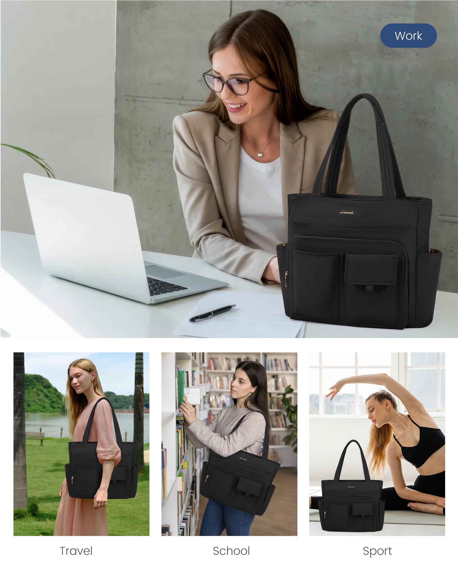 LOVEVOOK Tote Bag For Women,Large Capacity Totes Bags with Zipper Quilted Light Work Bag Thick Bottom Support Work Tote Bag: Black