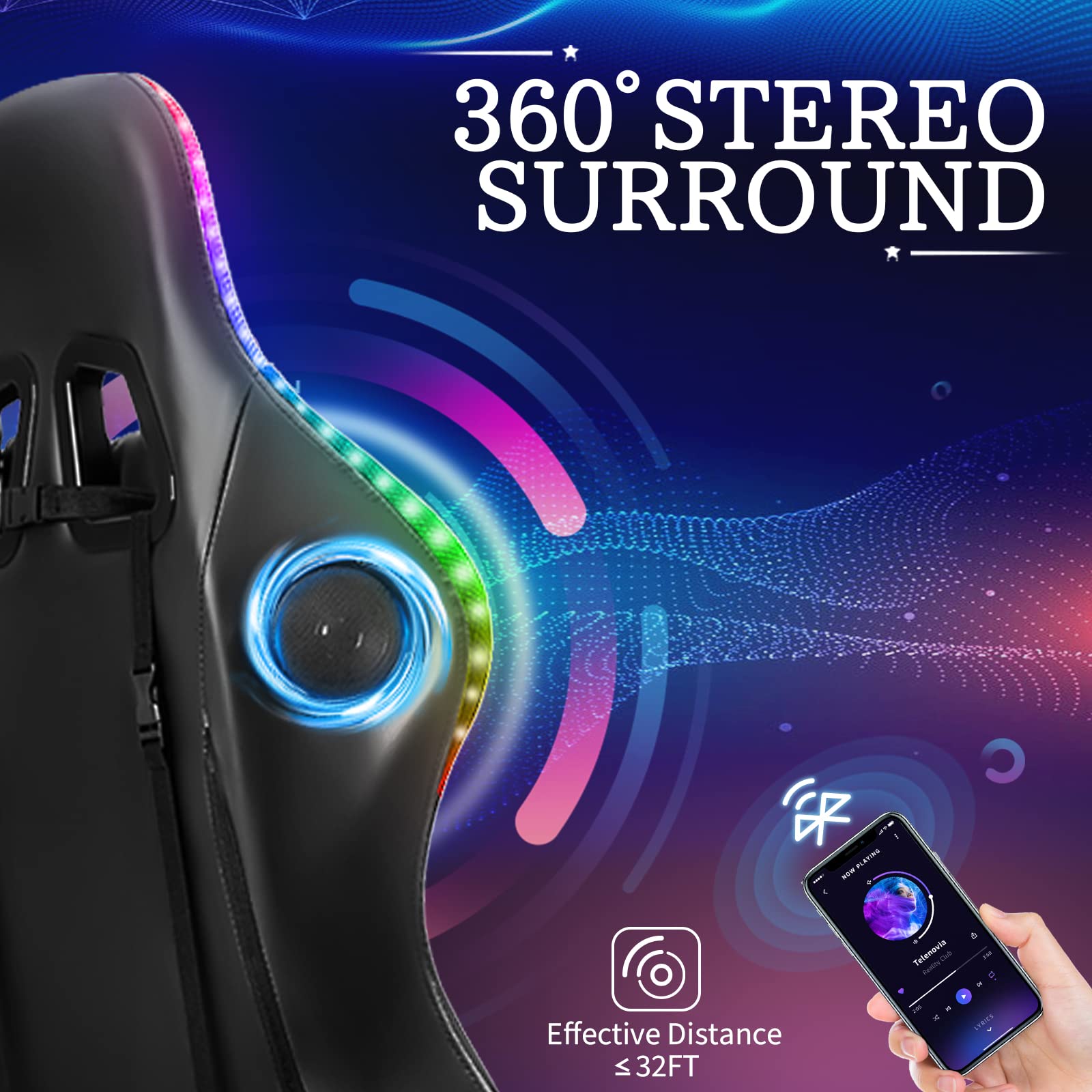 HOFFREE RGB Gaming Chair with Speakers Massage Computer Gaming Chair with LED Lights and Footrest High Back Video Game Chair for Adults Purple and Black