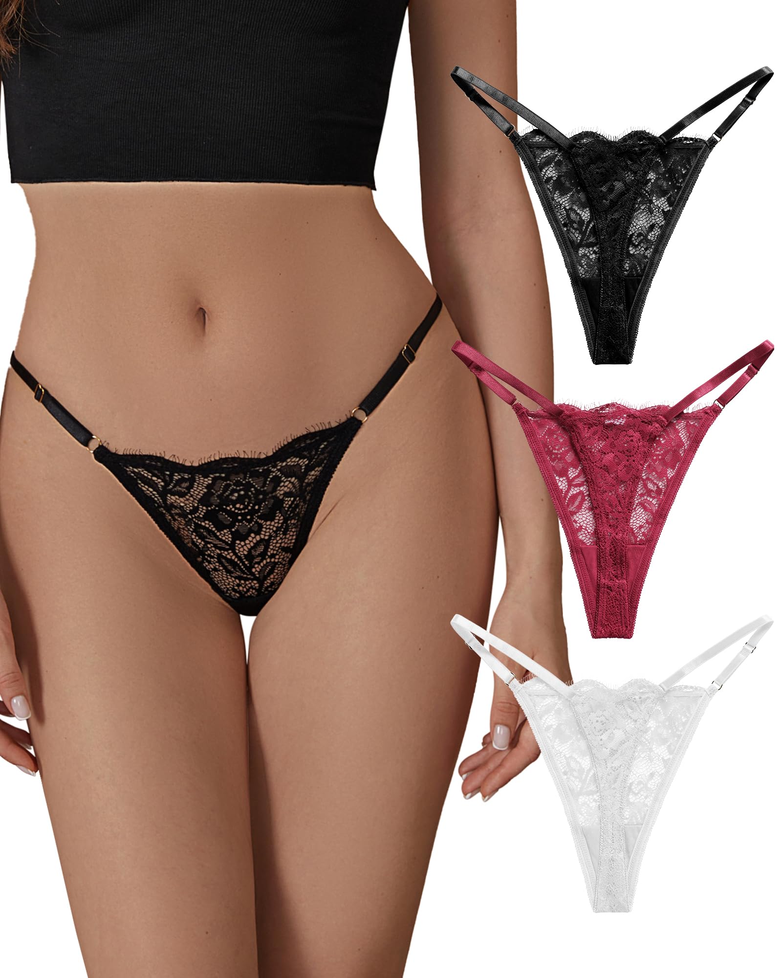 SHARICCA Lace G-String Thongs for Women Adjustable Sexy Low Rise Underwear Breathable T-back Thongs Panties 3 Pack: X-Large 3p03 (Black White Red)
