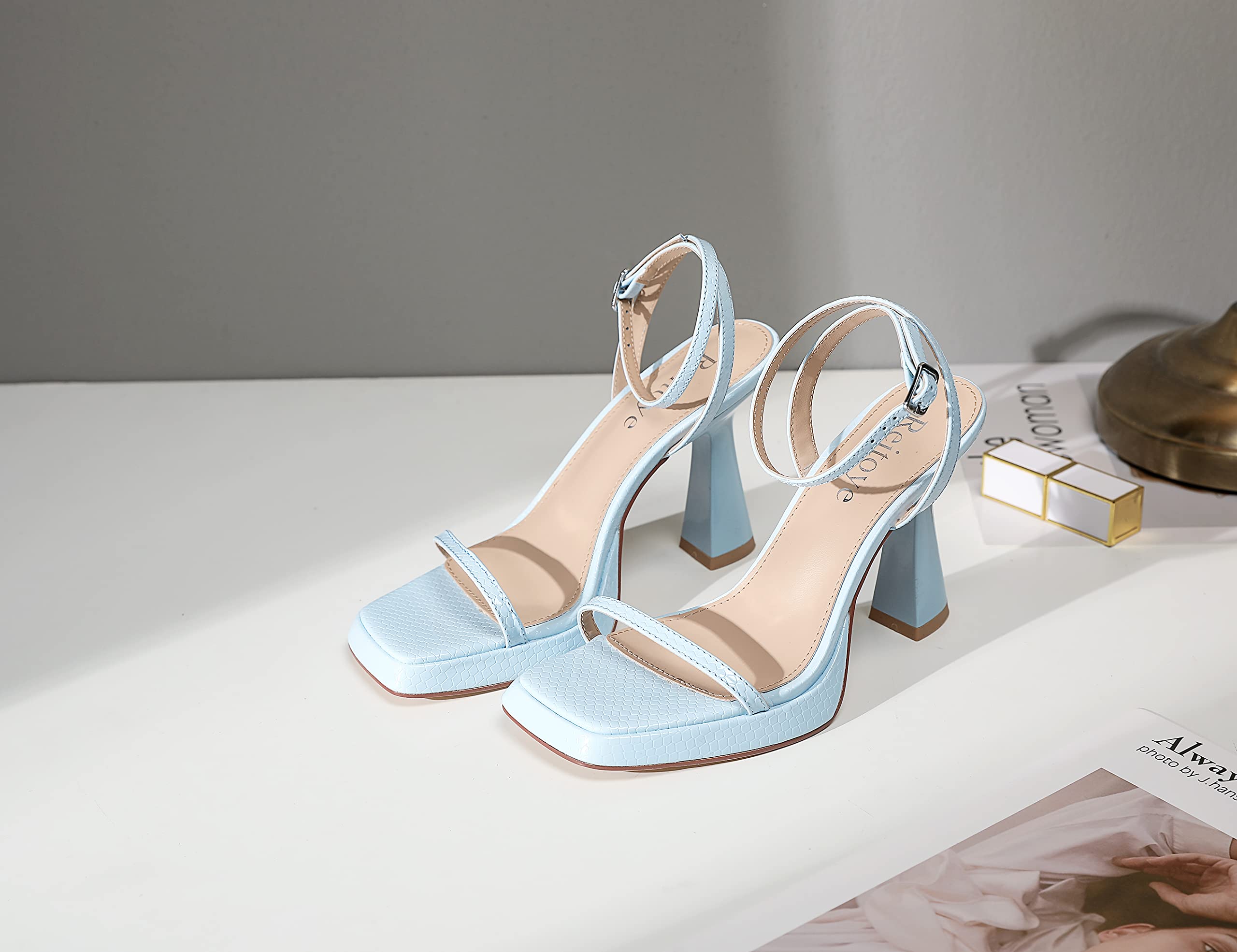 Reitoye Strappy Heels for Women Platform High Chunky Heels Square Open Toe Heeled Sandals Ankle Strap Block Heels