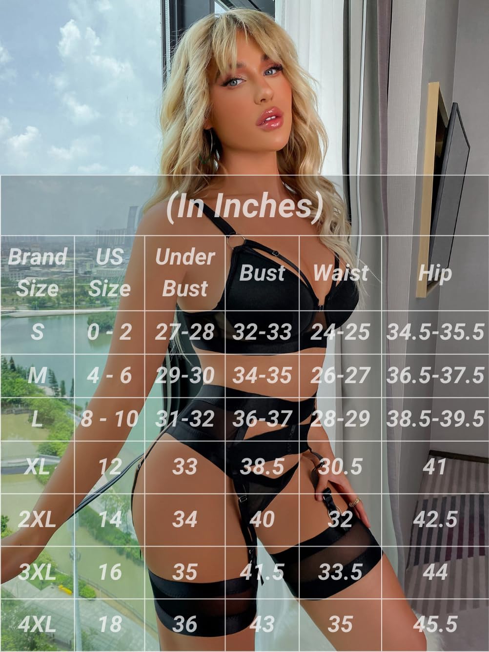 Garter Lingerie for Women,Sexy Lace Lingerie,Sheer Matching 4 Piece Lingerie Set: 14 Black