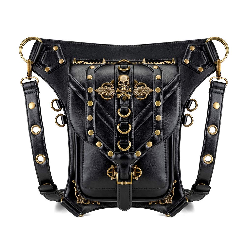 Steampunk Waist Bag Fanny Pack Fashion Gothic Leather Shoulder Crossbody Messenger Bags Thigh Leg Hip Holster Purse Travel Pouch Hiking Sport Chain Bags for Women Men