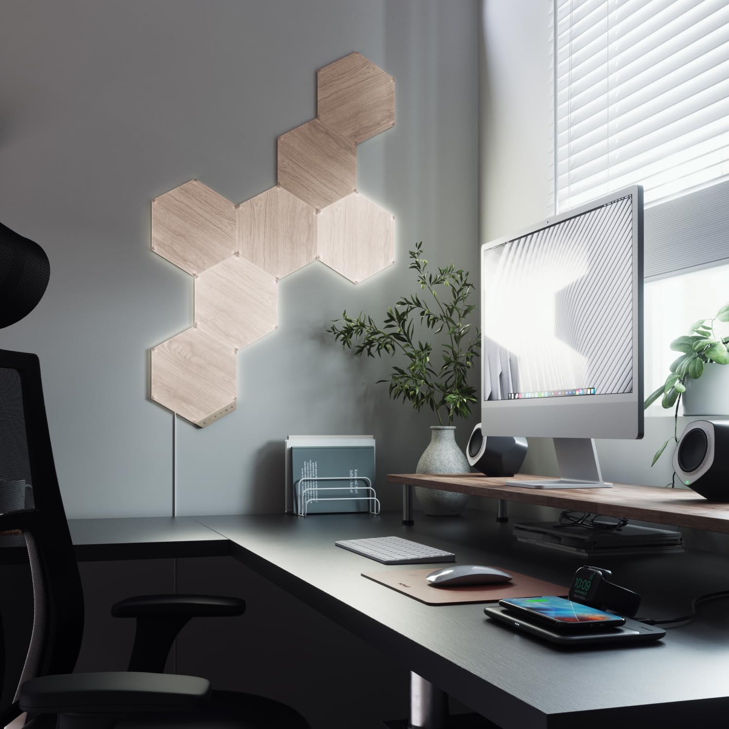 Nanoleaf Elements Wood Look Smart Wall Lights, Hexagon LED Wall Lights Work with Alexa Google Assistant, Home Wall Decor for Living Room with Music Sync, Touch Control, Ambient White 1500-4000K, 7 PK: Smarter Kit (13 Panel)