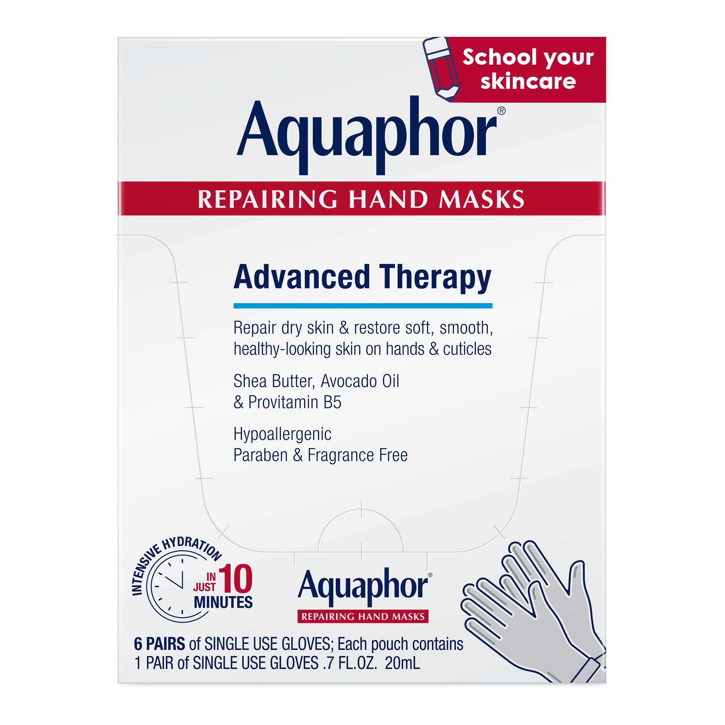 Aquaphor Repairing Hand Masks, Moisturizing Gloves for Dry Hands, Moisturizer for Dry Skin with Avocado Oil and Shea Butter, Pack of 6