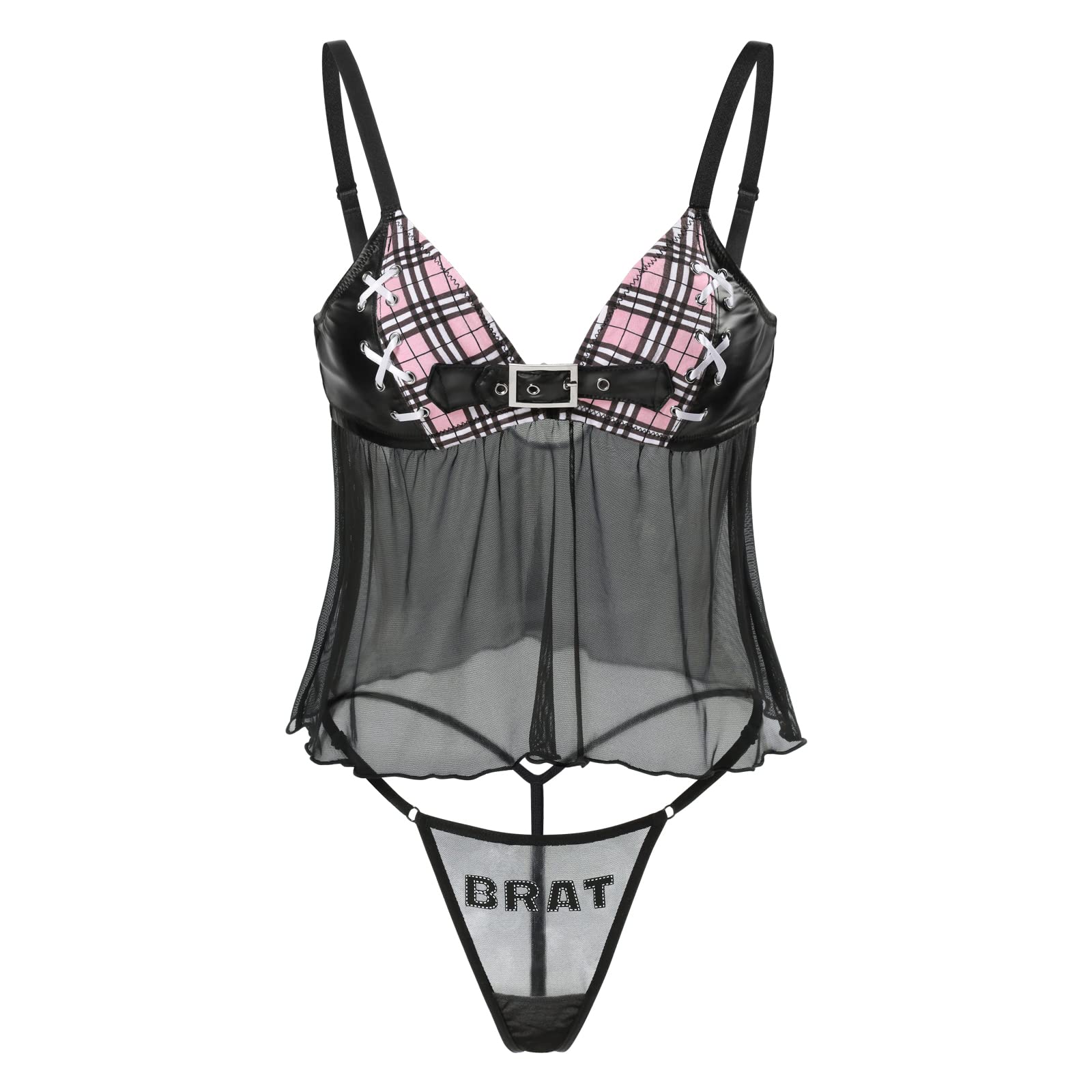 Littleforbig Women Nightwear Babydoll Strap Chemise Halter Lingerie V Neck Sleepwear - Bratty Bralette Thong Lingerie Set: Small Black