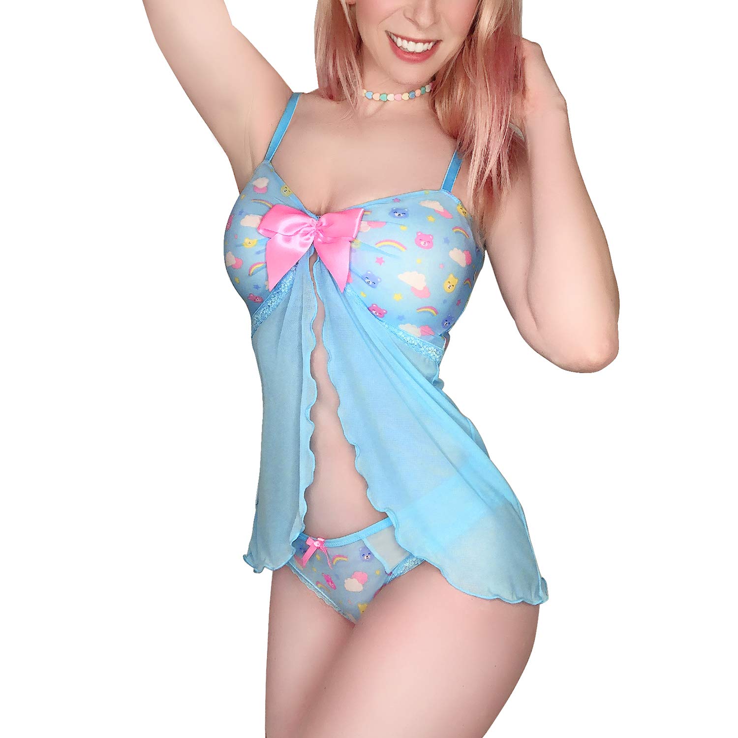 Littleforbig Women Nightwear Lace Babydoll Strap Chemise Halter Lingerie V Neck Sleepwear - Usagi Moon Teddy Friends