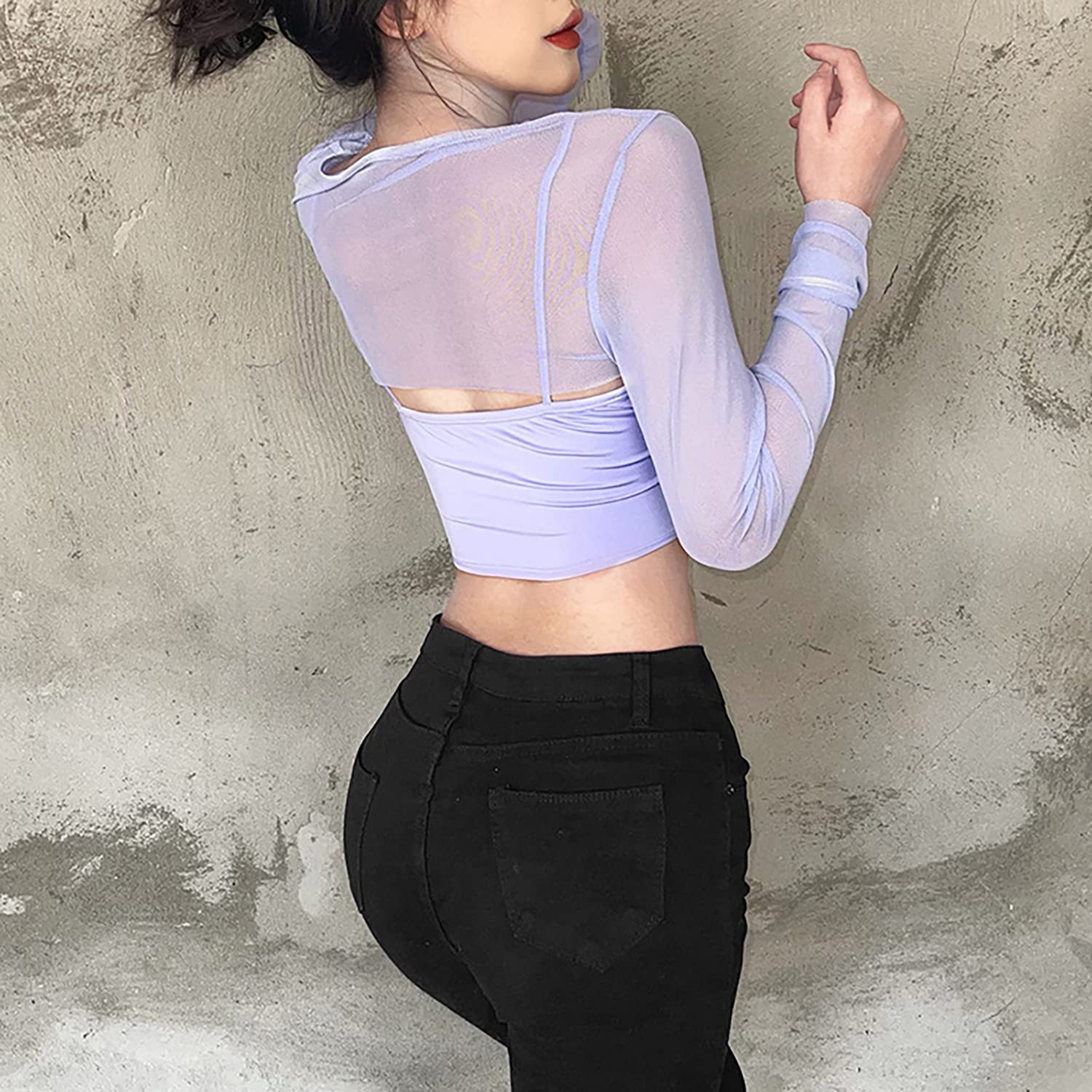 Meladyan Women Sexy Long Sleeve Mesh Crop Top Solid Cover Up Spaghetti Strap Slim Fit Corset Cami 2 pieces Clubwear thumbnail 3