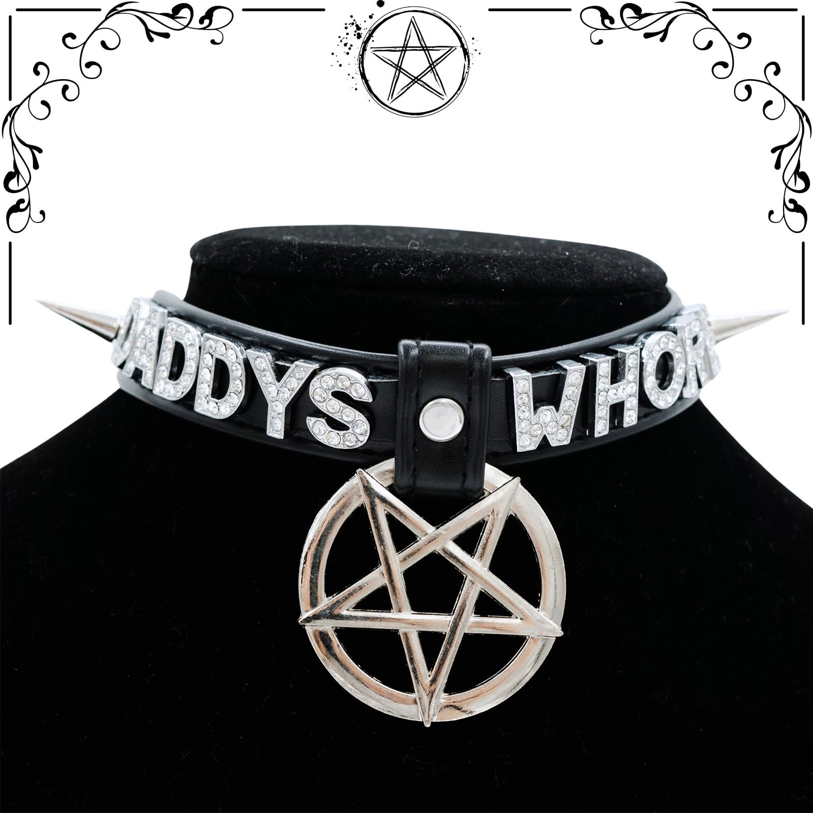 ADEMISHIA Black Pentagram Choker Collar For Women, Punk Gothic Vagen Leather Collar With Name Letters Adjustable Spiked Necklace