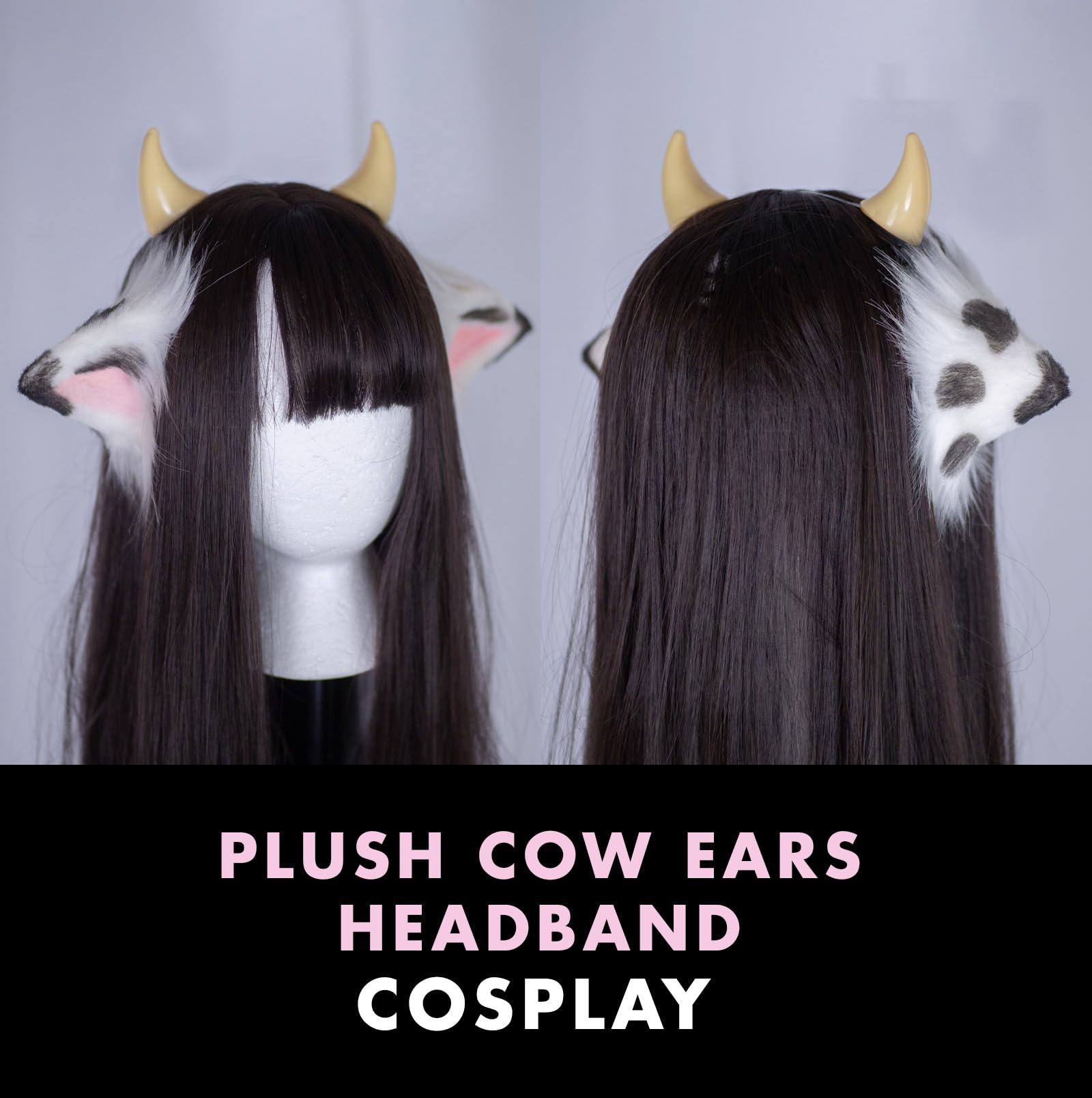 MOEFLAVOR Anime Plush Cow Ears Fur Headband with Devil Horns | Matches Any Kawaii Lingerie Costume for Sexy Cosplay: Black