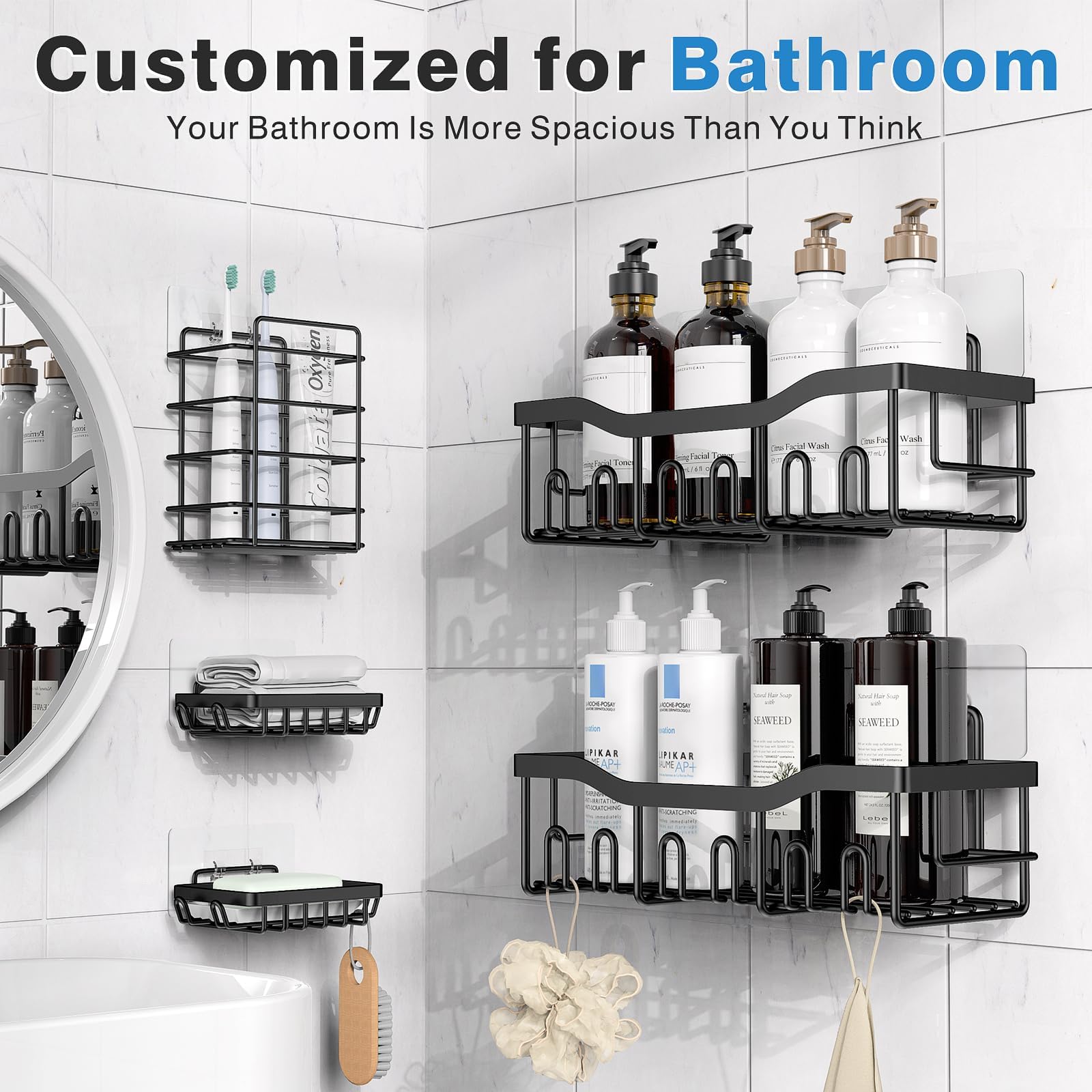 Adhesive Shower Caddy, 5 Pack Rustproof Stainless Steel Bath Organizers With Large Capacity, No Drilling Shelves for Bathroom Storage & Home Decor: upgrade-5-piece set Black