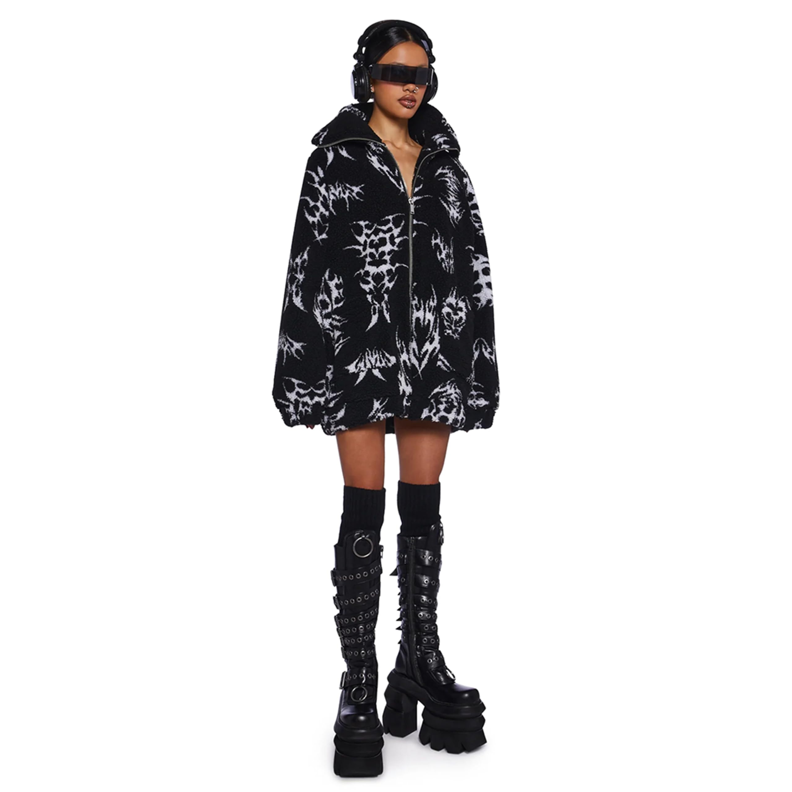 Dolls Kill Ciphered Up Sherpa Jacket by Club Exx - Oversized Symbol Print Faux Shearling Jacket - Black: Small Black