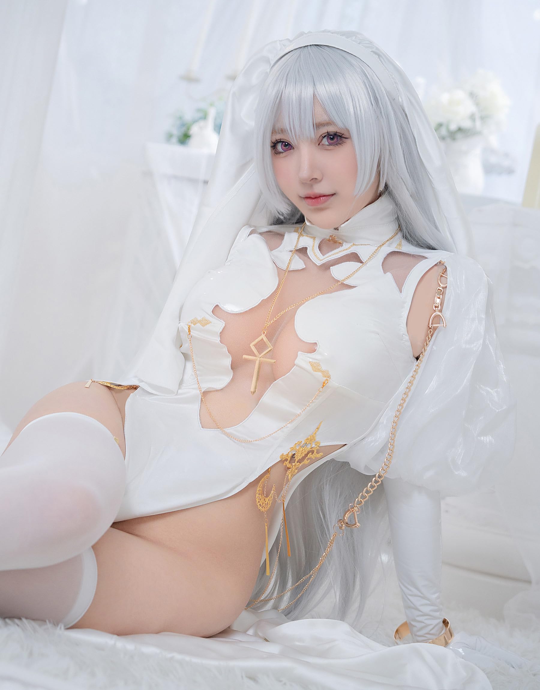 Mobbunny Women Nun Cosplay Lingerie Costume Halloween High Slit Dress Set with Veil Necklace Socks: Small