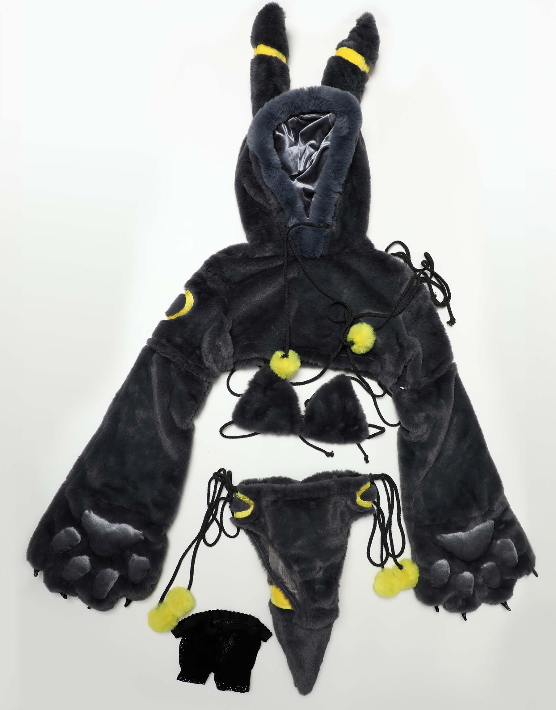 Mobbunny Anime Cosplay Lingerie Black Fluffy Paw Hoodie Lingerie Set for Women Fuzzy Bra and Panty Homewear with Tail: Medium Black
