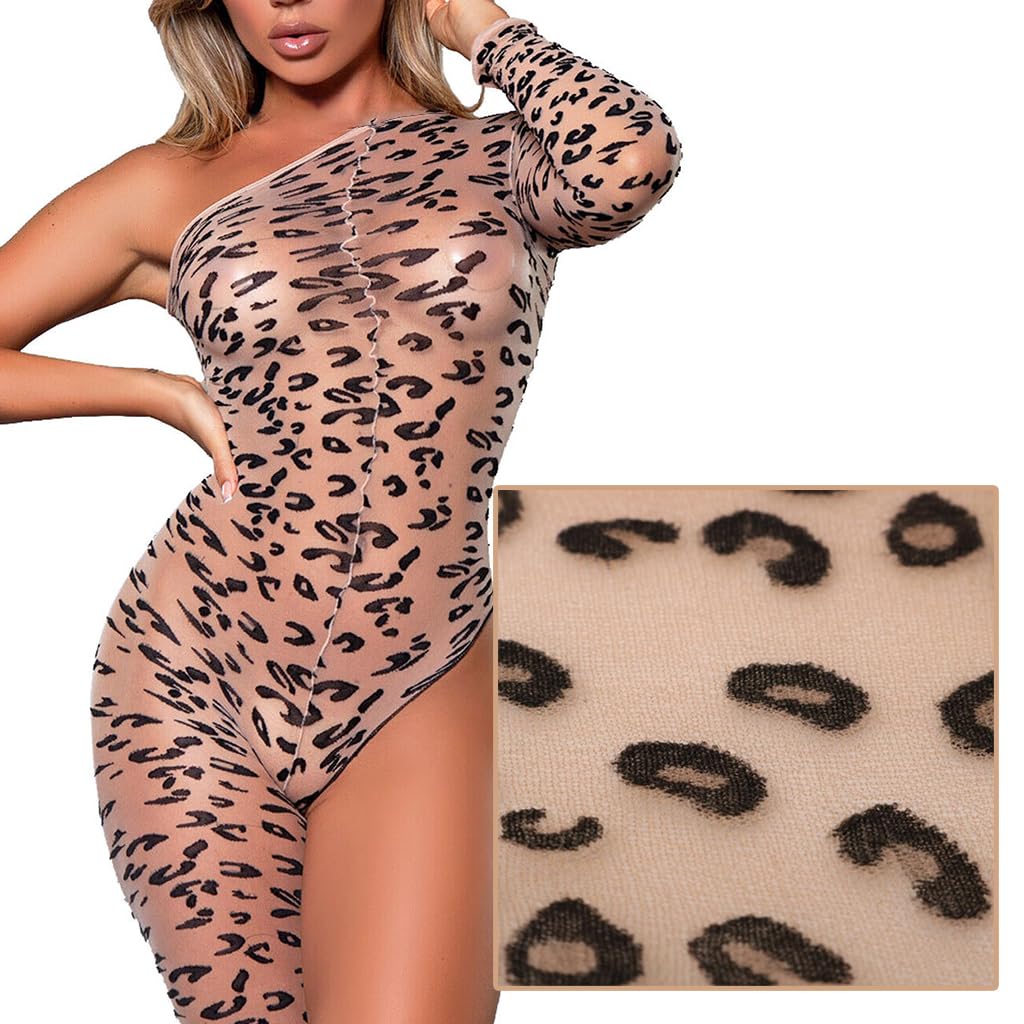 Women's Leopard Print Bodystocking Mesh Bodysuit One Shoulder Lingerie Jumpsuit Long Sleeve Single Leg Lace Bodycon Slim Fit Club Wear Sexy Party Cosplay Dresses thumbnail 5