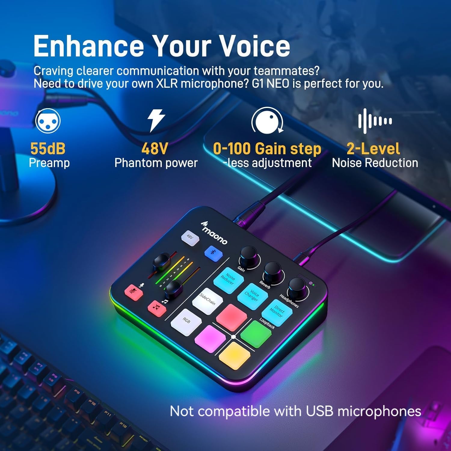 MAONO Gaming Audio Mixer, Audio Interface with Pro-preamp, RGB, Bluetooth, 48V Phantom Power for Live Streaming, Podcasting, Content Create, Gaming MaonoCaster G1 NEO (Not for USB Mic) thumbnail 2
