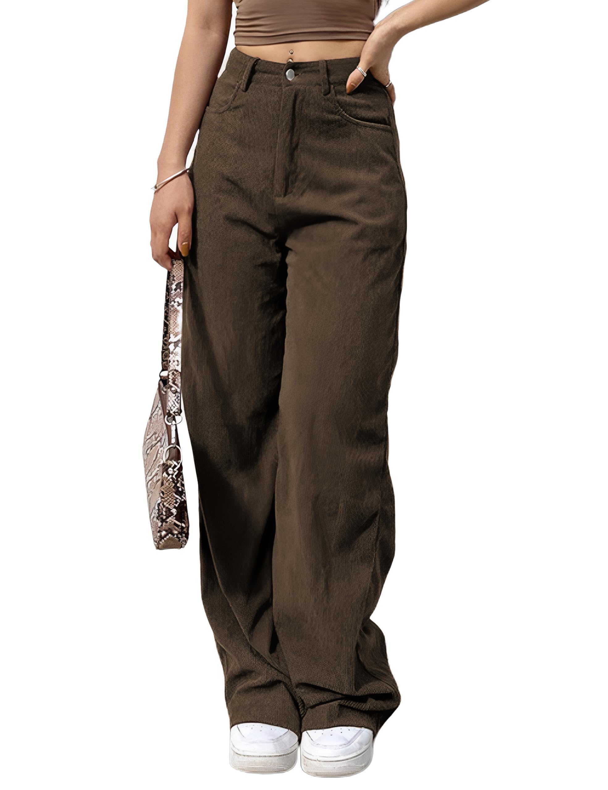 Himosyber Corduroy Pants for Women Casual Elastic High Waist Stretchy Wide Leg Pants Loose Fit Comfy Trousers with Pockets thumbnail 1