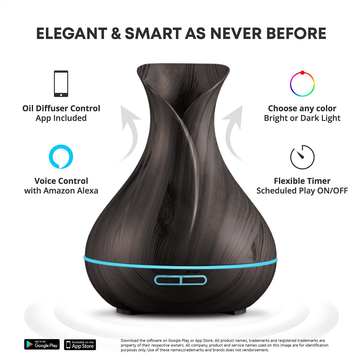 Smart WiFi Wireless Essential Oil Aromatherapy 400ml Ultrasonic Diffuser & Humidifier with Alexa & Google Home Phone App & Voice Control - Create Schedules - LED & Timer Settings: Dark Brown