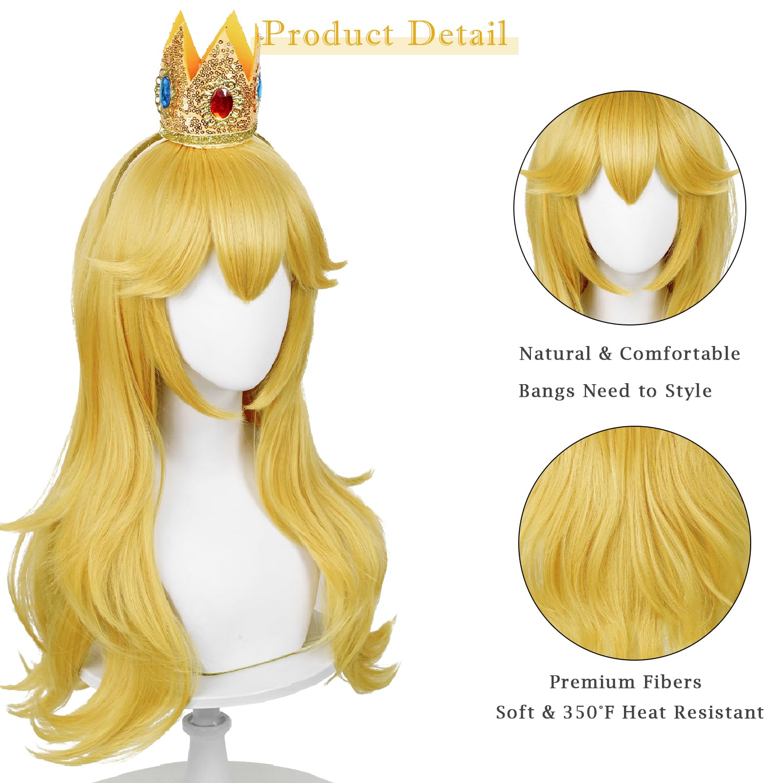 Blonde Wavy Princess Wig for Adult, Long Golden Cosplay Wig + Crown Brooch Earrings Accessories + Wig Cap for Halloween Costume Party