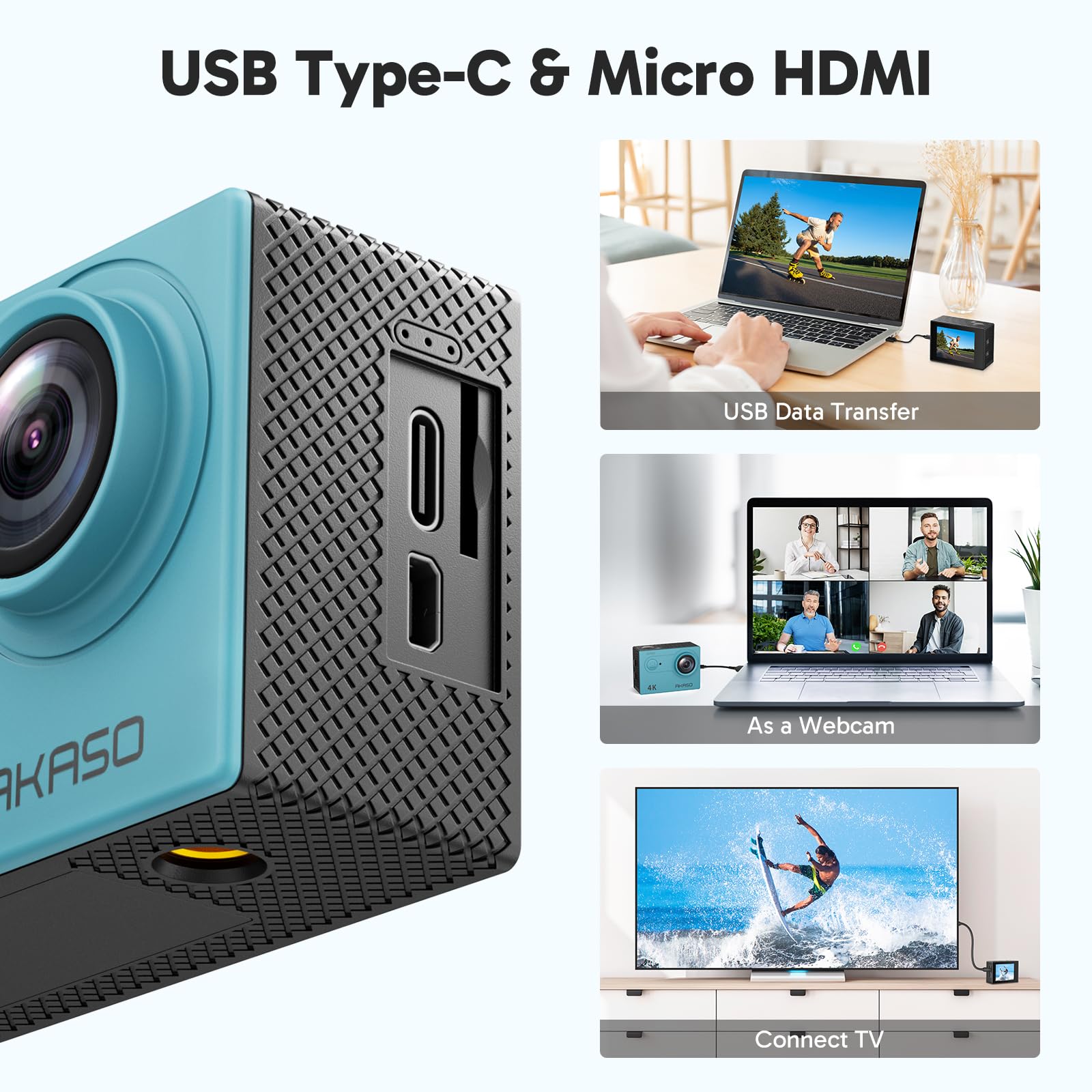 AKASO EK7000 4K30FPS 20MP WiFi Action Camera with EIS Ultra HD 131FT Waterproof Underwater Camera Remote Control 4X Zoom Support External Microphone: Blue