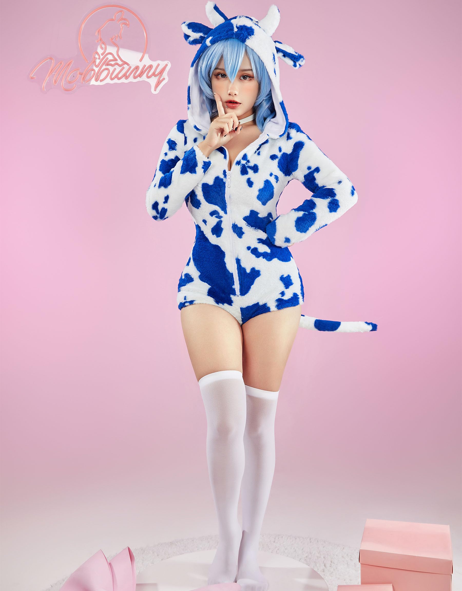 Mobbunny Cute Cartoon Cow Print Cosplay Costume Fuzzy Onesie Hooded Jumpsuit Zip-up Romper Pajamas: Medium Blue and White