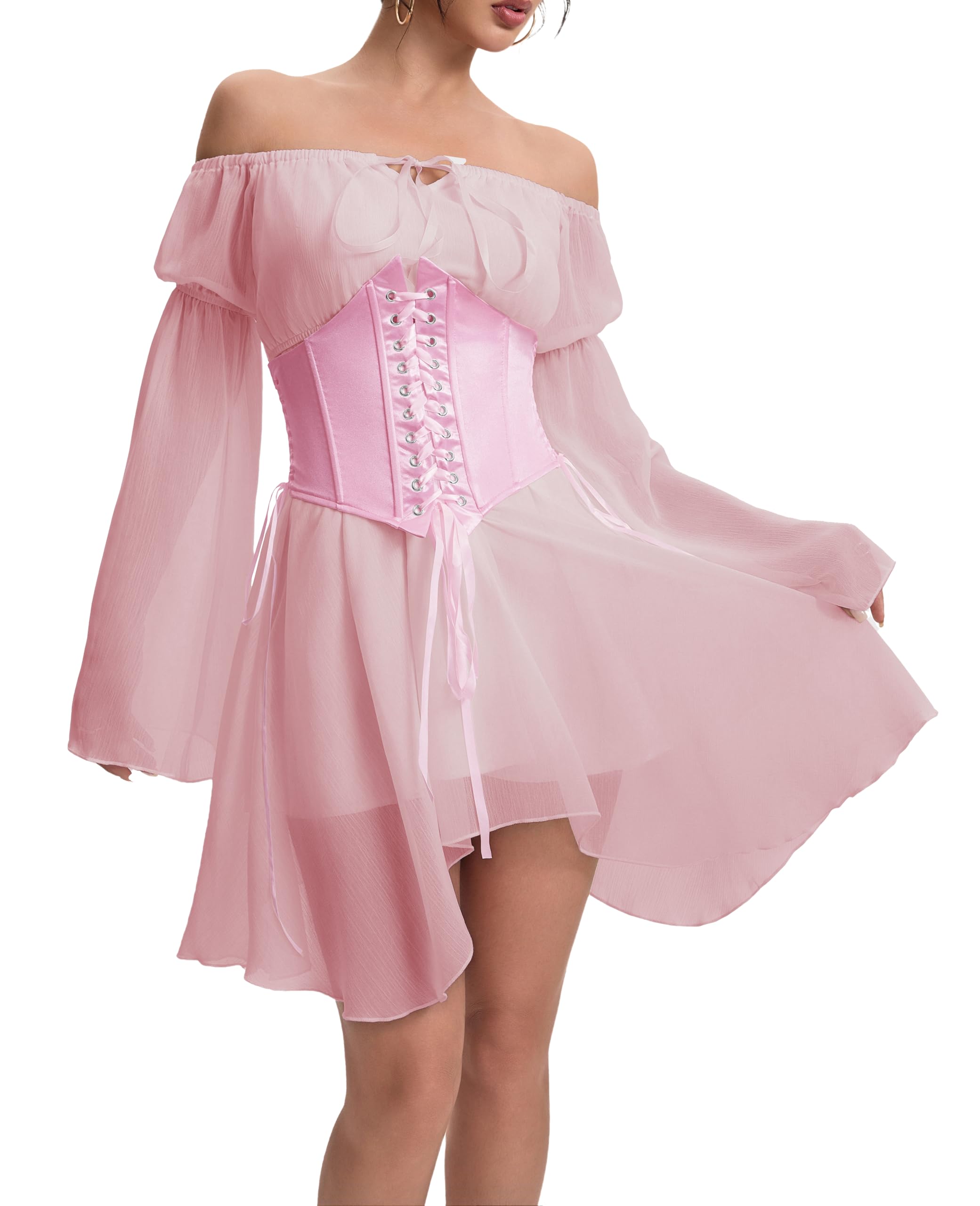 TSMNZMU Womens Two Piece Sets Corset Dress Off Shoulder Bell Sleeve Chiffon Dresses Lace-Up Mini Bustier Party Dress: 2 Piece Set Pink Small