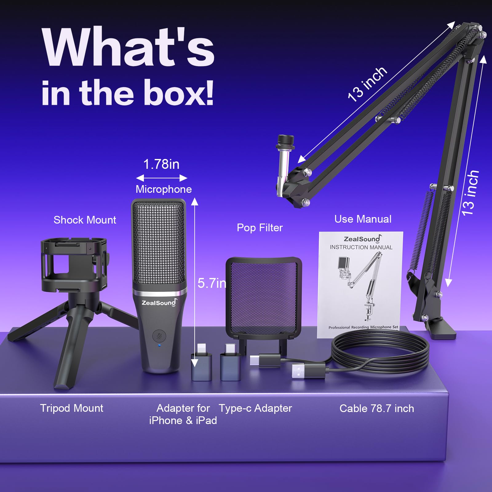 ZealSound Gaming USB Microphone,Noise Cancellation Condenser mic, with Mute,Gain,Monitoring,Boom Arm,Pop Filter for Phone,PC,Computer,PS4,PS5,Mac,Streaming,Podcast,Twitch,YouTube,Discord: RGB Microphone