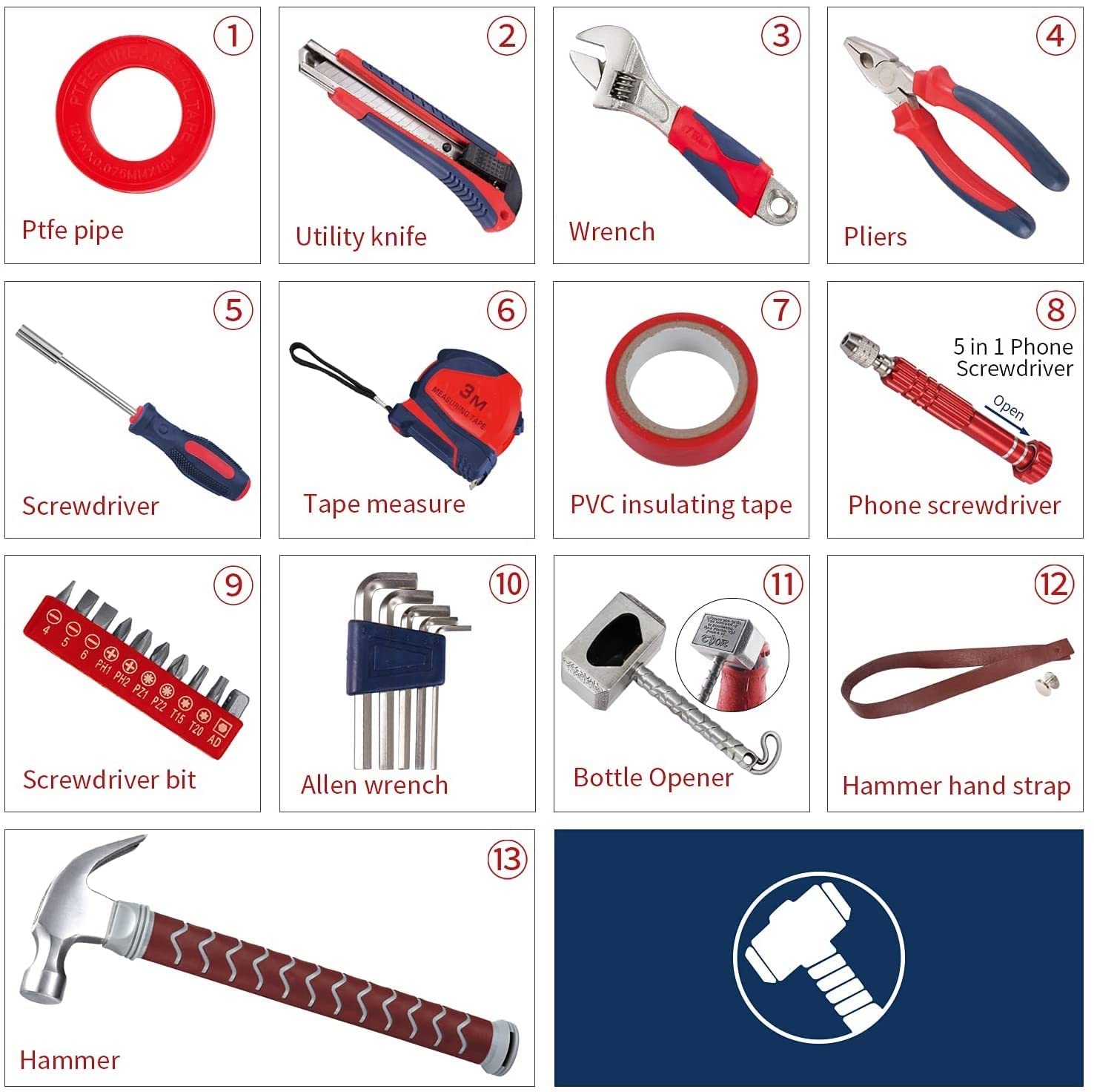 Hammer Tool Set, Multifunctional Hammer Tool Box, Excellent Novelty Gift for Men, Silver