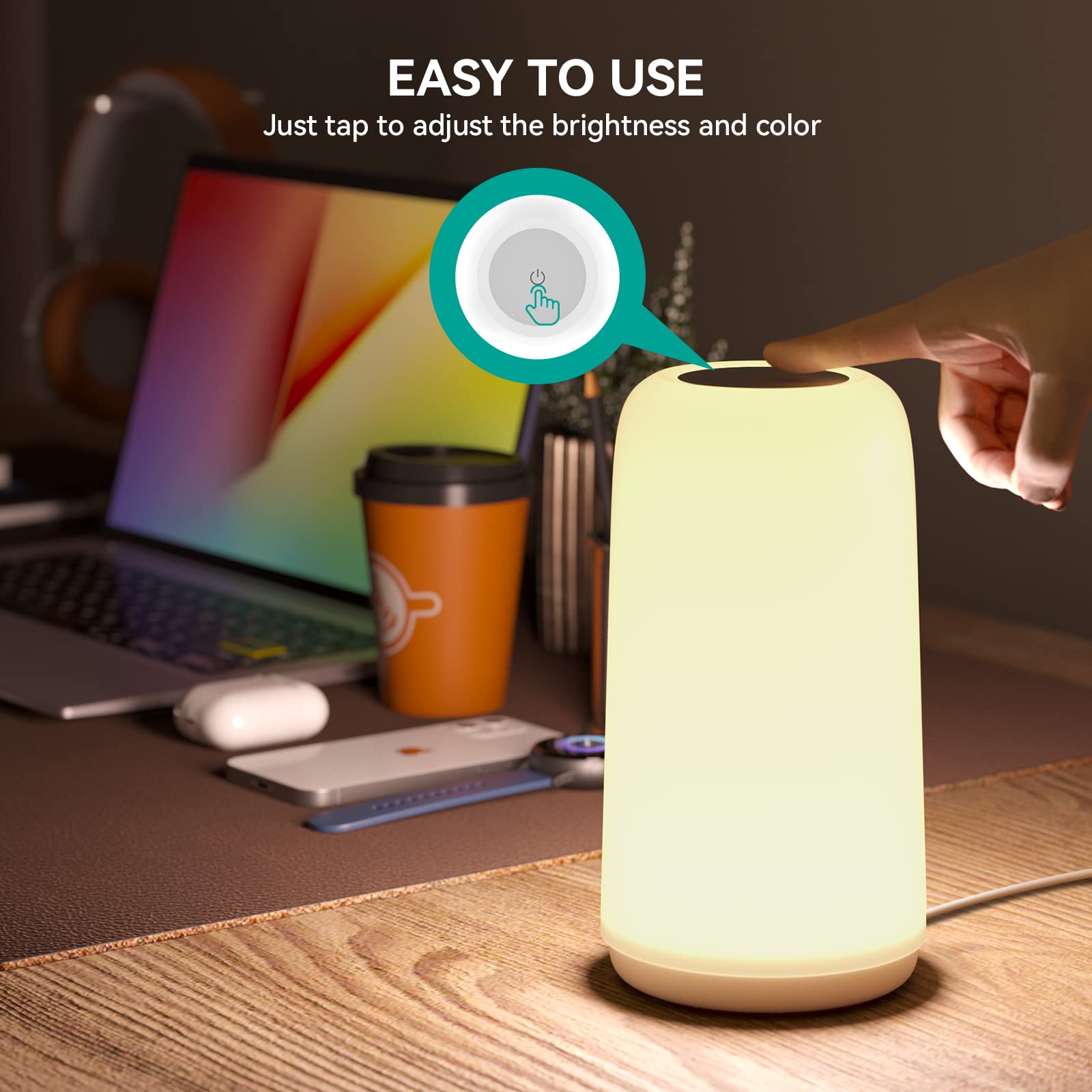 ROOTRO Touch Bedside Table Lamp, [Sleek Design & RGB Mode] 3 Way Dimmable Small Lamp for Bedroom, LED Lamp with Warm  Lights, Multi-Color Smart Nightstand Lamp for for Living Room Home Gifts: White
