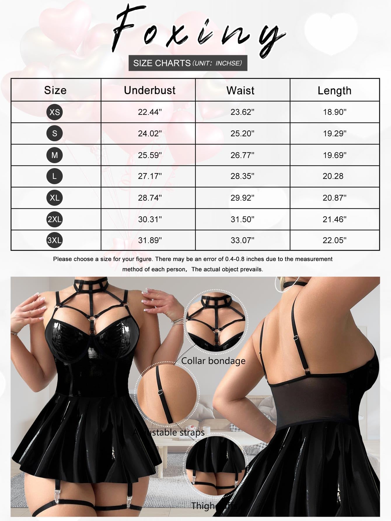 Foxiny Sexy Strappy Leather Underwire Choker Garter Belt Mini Lingerie Set Dress with Thong 3 Piece: Regular Small Pu Black