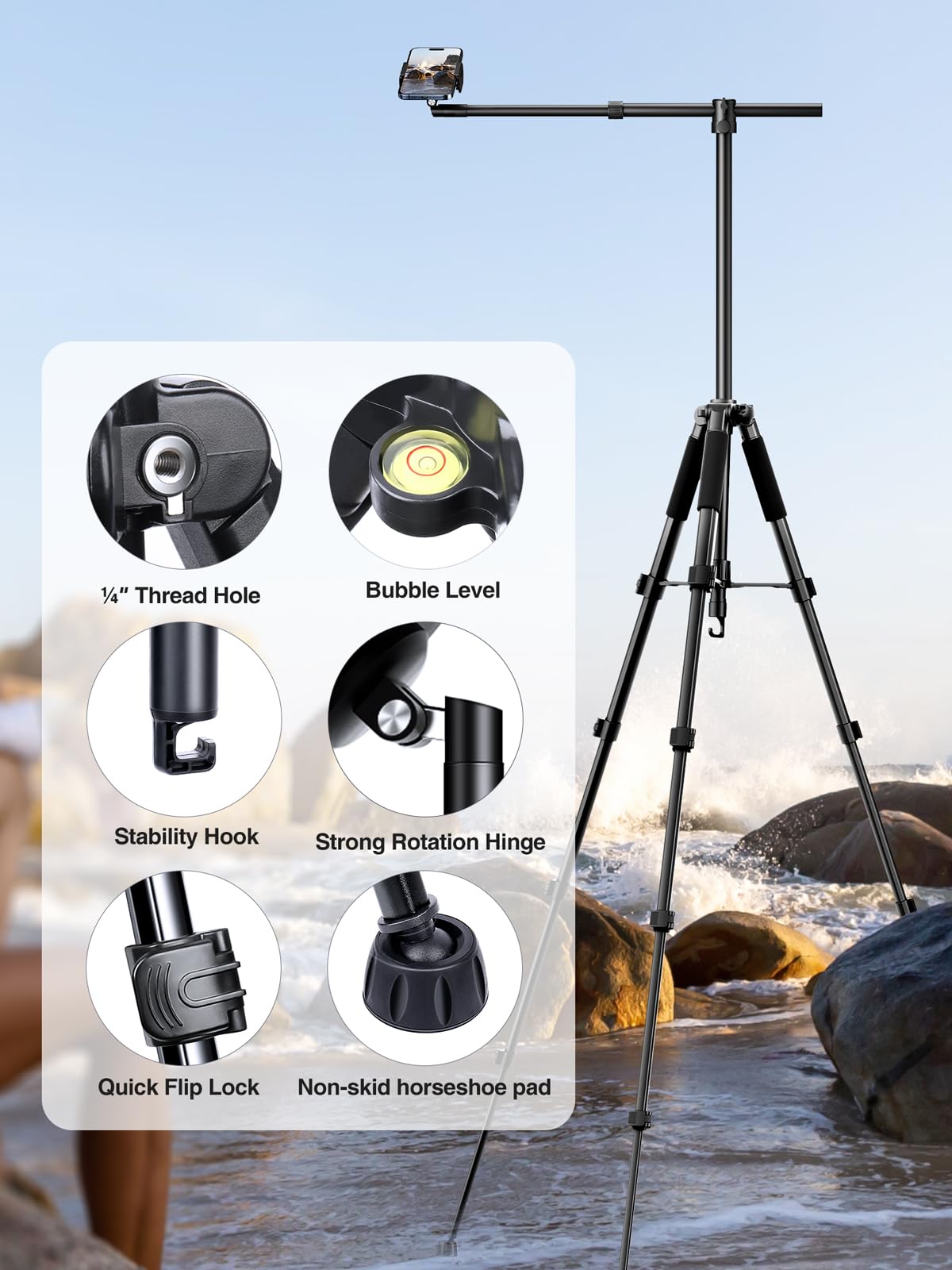 elitehood Phone Tripod for Overhead Video Recording – Updated Horizontal 59-inch Adjustable Tripod for iPhone with 25in Long Extendable Arm, 360° Rotation iPhone Stand Holder for Overhead Recording