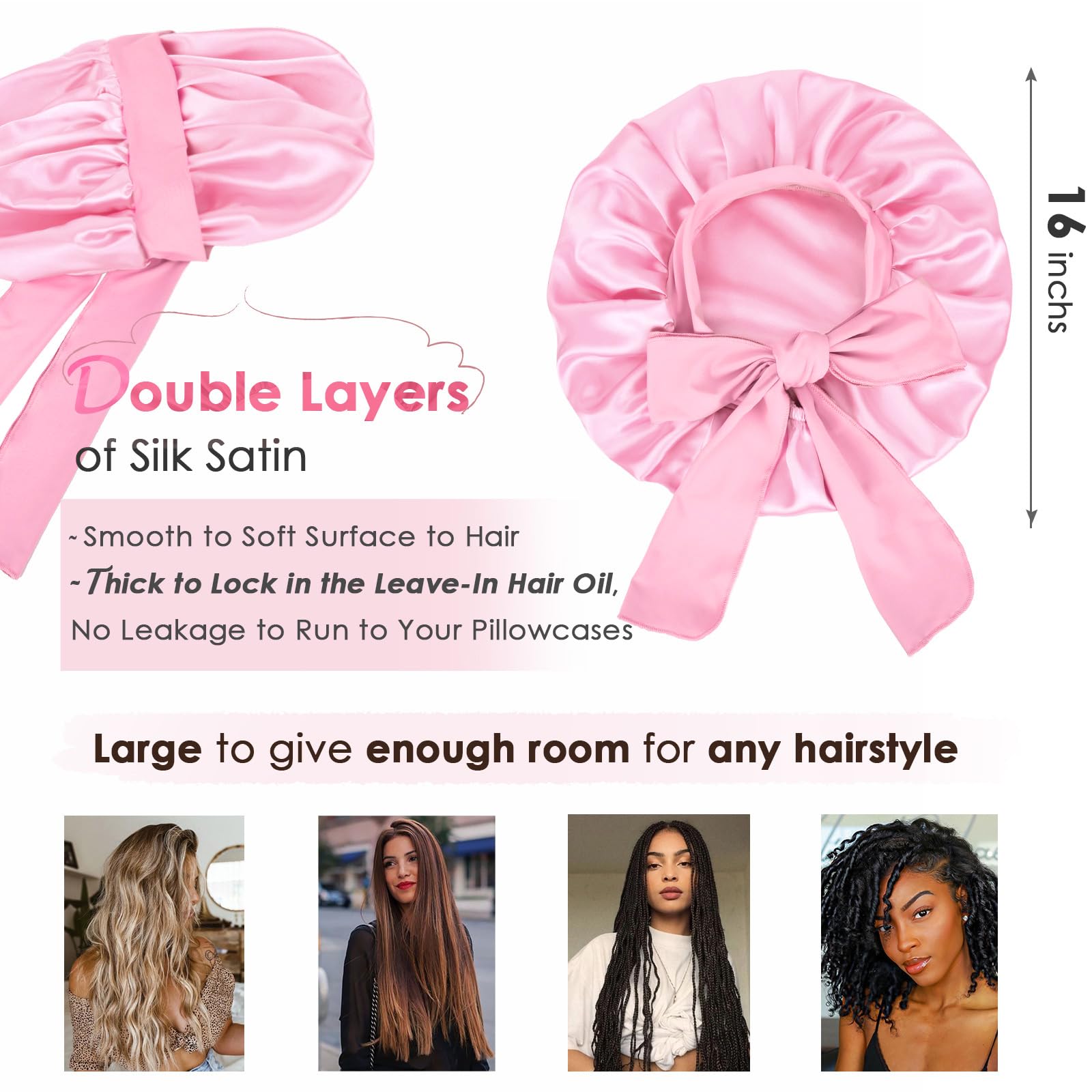 YANIBEST Silk Bonnet for Sleeping Women Satin Bonnet Double Layer Satin Lined Hair Bonnet with Tie Band Curly Hair Blush Pink: Large Pink
