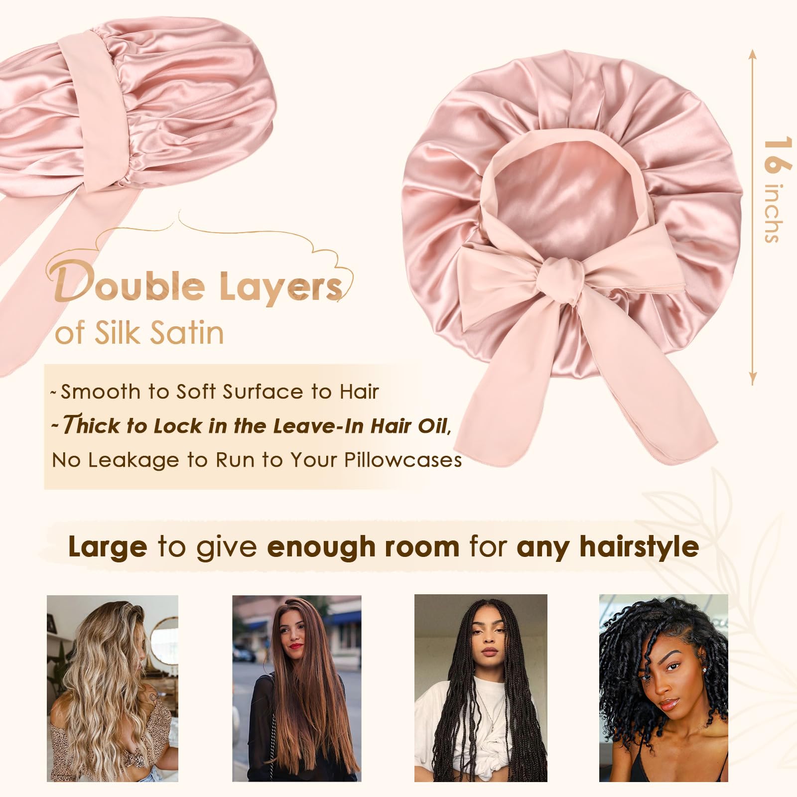 YANIBEST Silk Bonnet for Sleeping Women Satin Bonnet Double Layer Satin Lined Hair Bonnet with Tie Band Curly Hair Blush Pink: Large Blush Pink