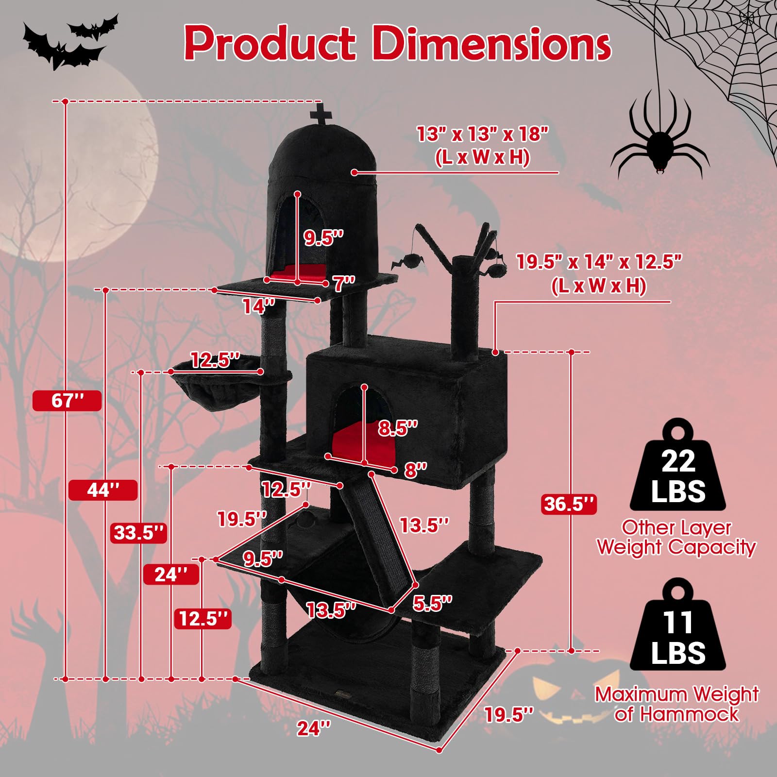 PETSITE 67 inch Tall Gothic Cat Tree, Multi-Level Halloween Cat Tree with Scratching Posts and Ladder, Cat Condos, Spooky Dangling Balls, Hammock, and Basket Bed, Goth Cat Tree for Indoor Cats, Black