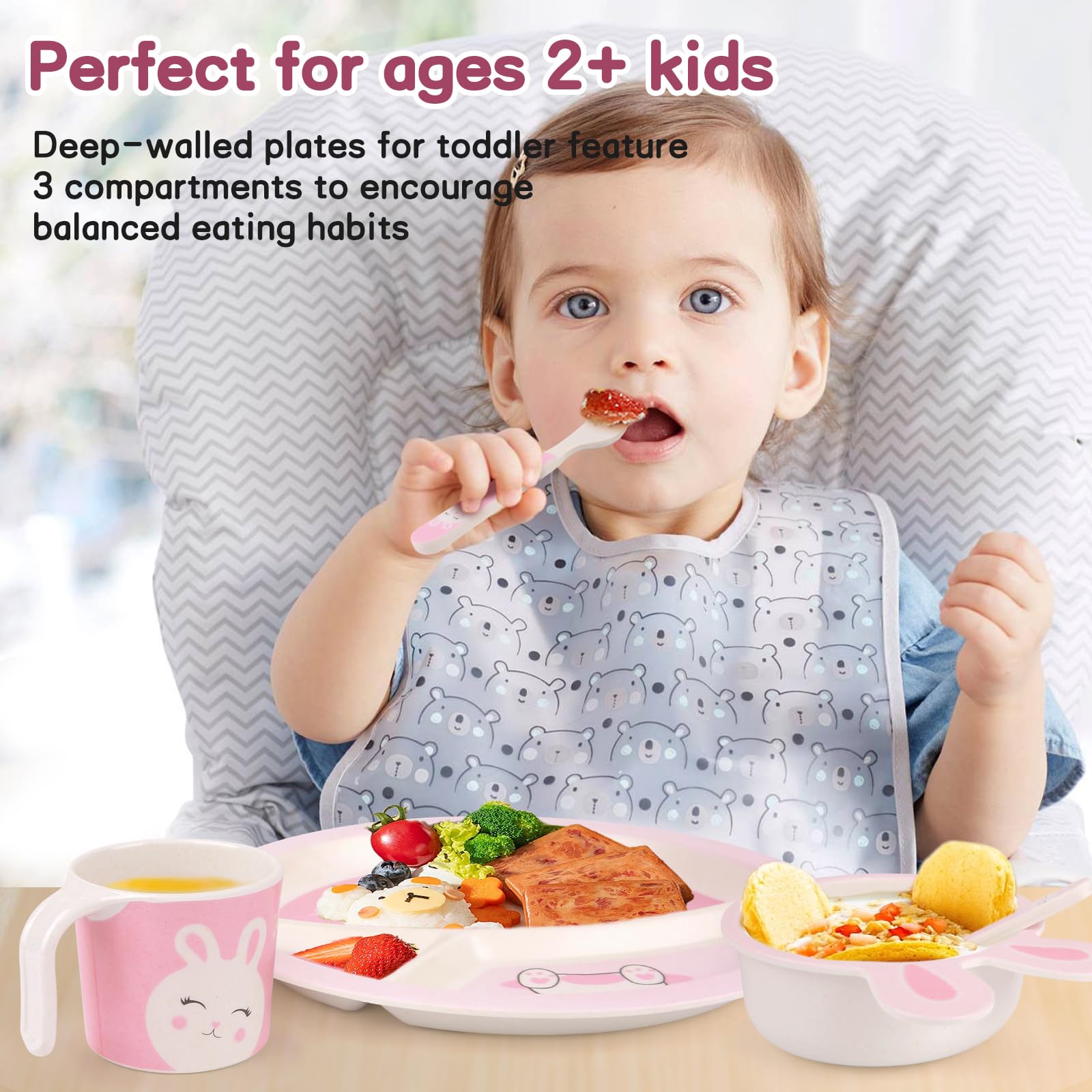 PHEENOWL Rabbit Toddler Plate Set 5 Pieces Includes 3-Section Divided Plate, Bowl, Tumbler and Utensil Tableware, Non-BPA Bamboo Fiber Material Perfect for Girls (Rabbit) thumbnail 2