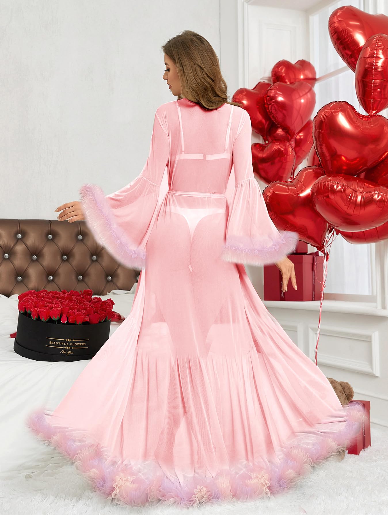 OYOANGLE Women's Ruffle Trim Long Sleeve Belted Sheer Mesh Wedding Bride Robe Nightgown: Small Light Pink