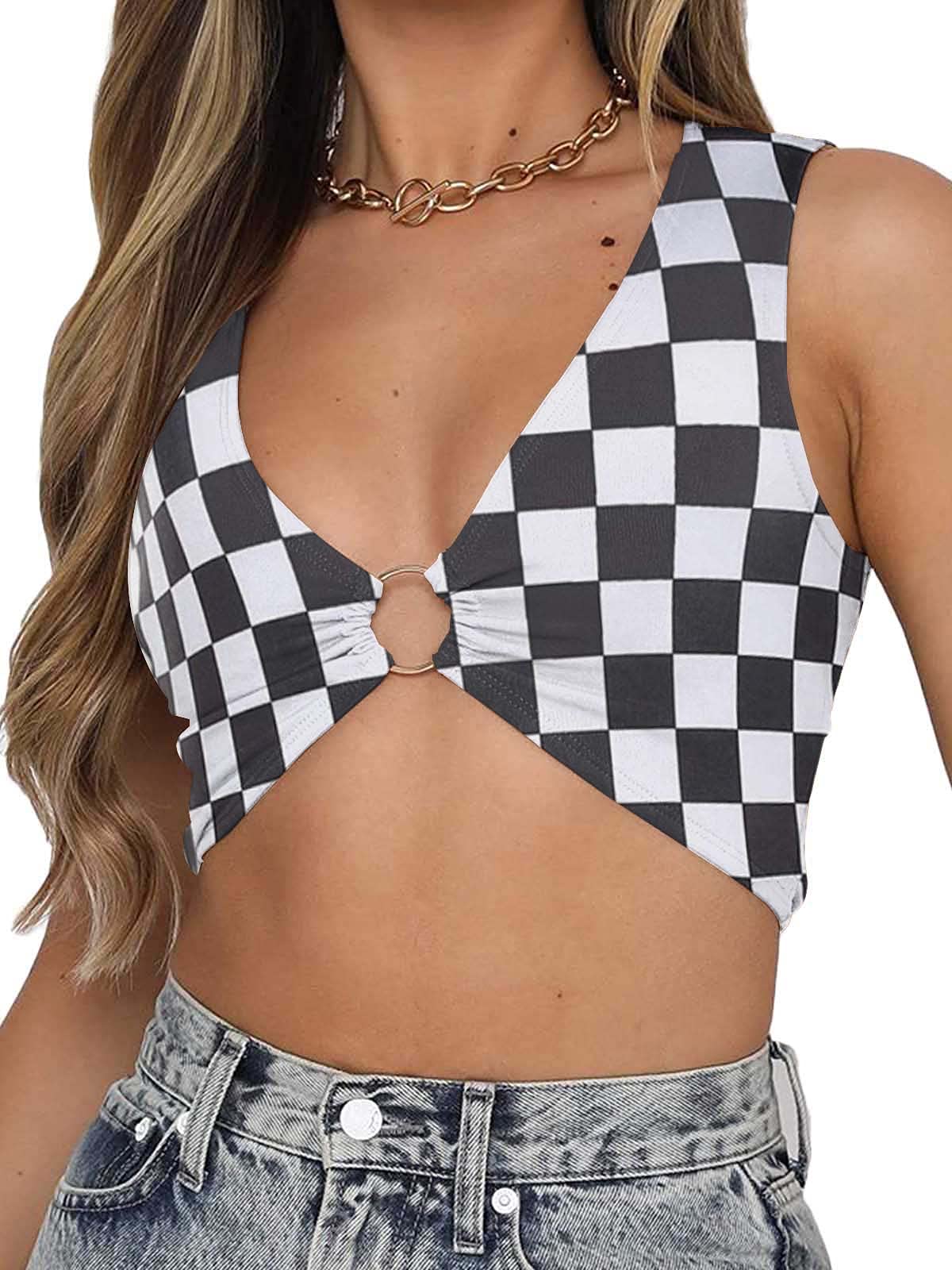 BEJONS Women Sexy Y2k Corset Like Crop Top Deep V Neck Bra Night Going Out Festival Rave Top: Black Whtie Plaid Small