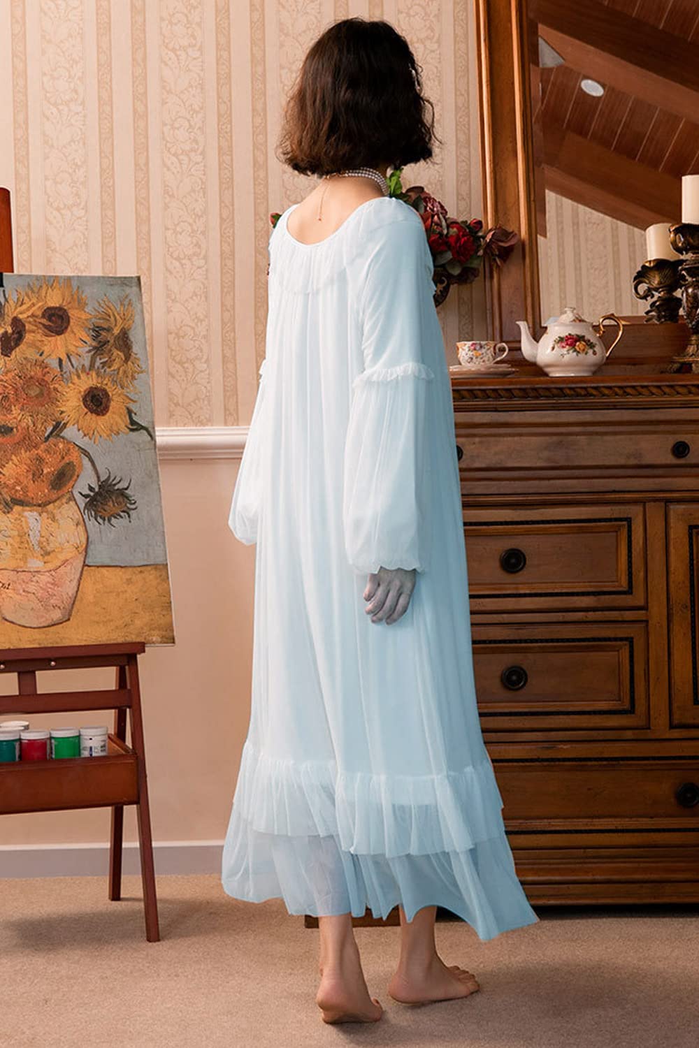 SINGINGQWEEN Women's Vintage Victorian Nightgown Long Sleeve Sheer Sleepwear Pajamas Nightwear Lounge Dress