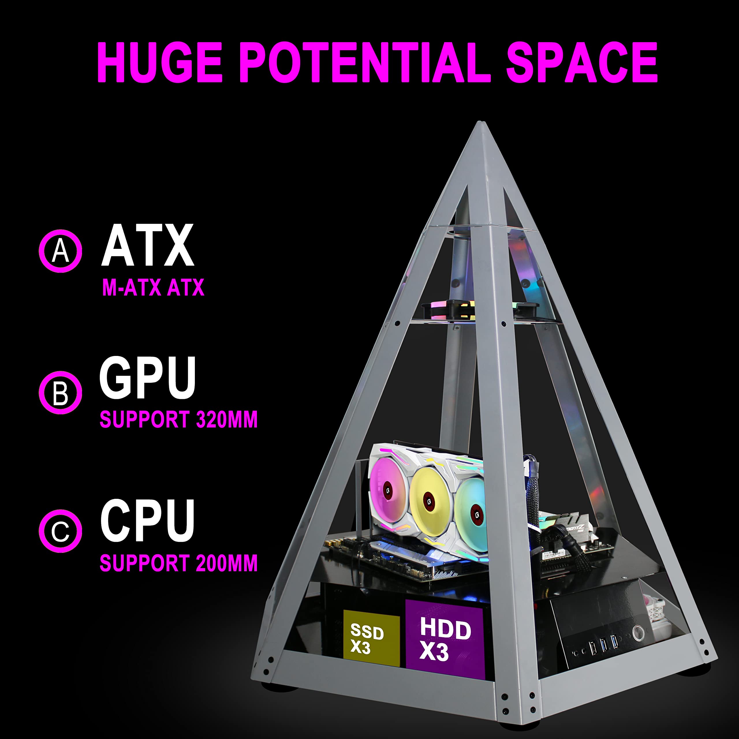 KEDIERS Diamond Pyramid ATX PC Case Innovative Gaming Computer Tower Case,C600: Panoramic open chassis
