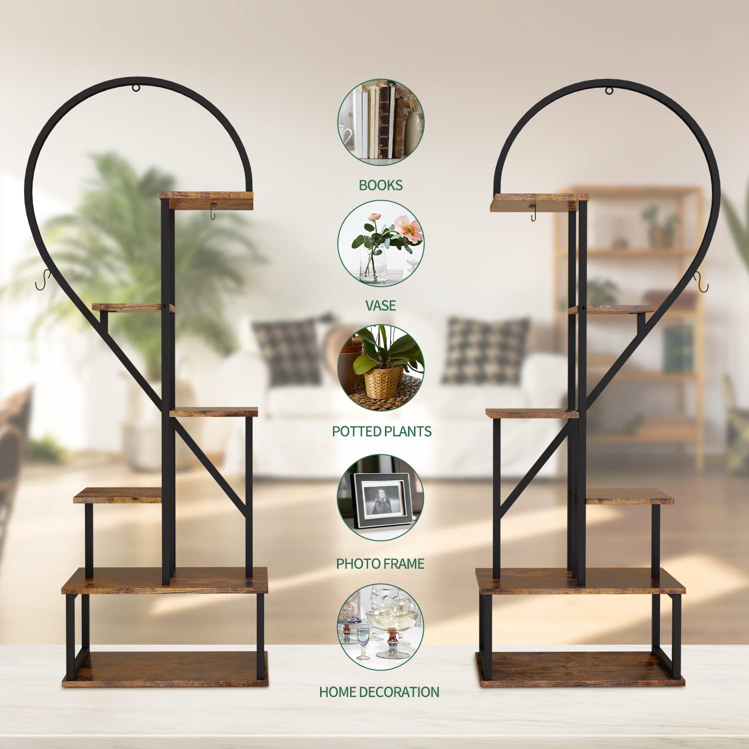 POTEY 6 Tier Metal Plant Stand, Creative Half Heart Shape Ladder Plant Stands for Indoor Plants Multiple, Brown Plant Shelf Rack for Home Patio Lawn Garden (2 Pack): Brown - 1 Pack