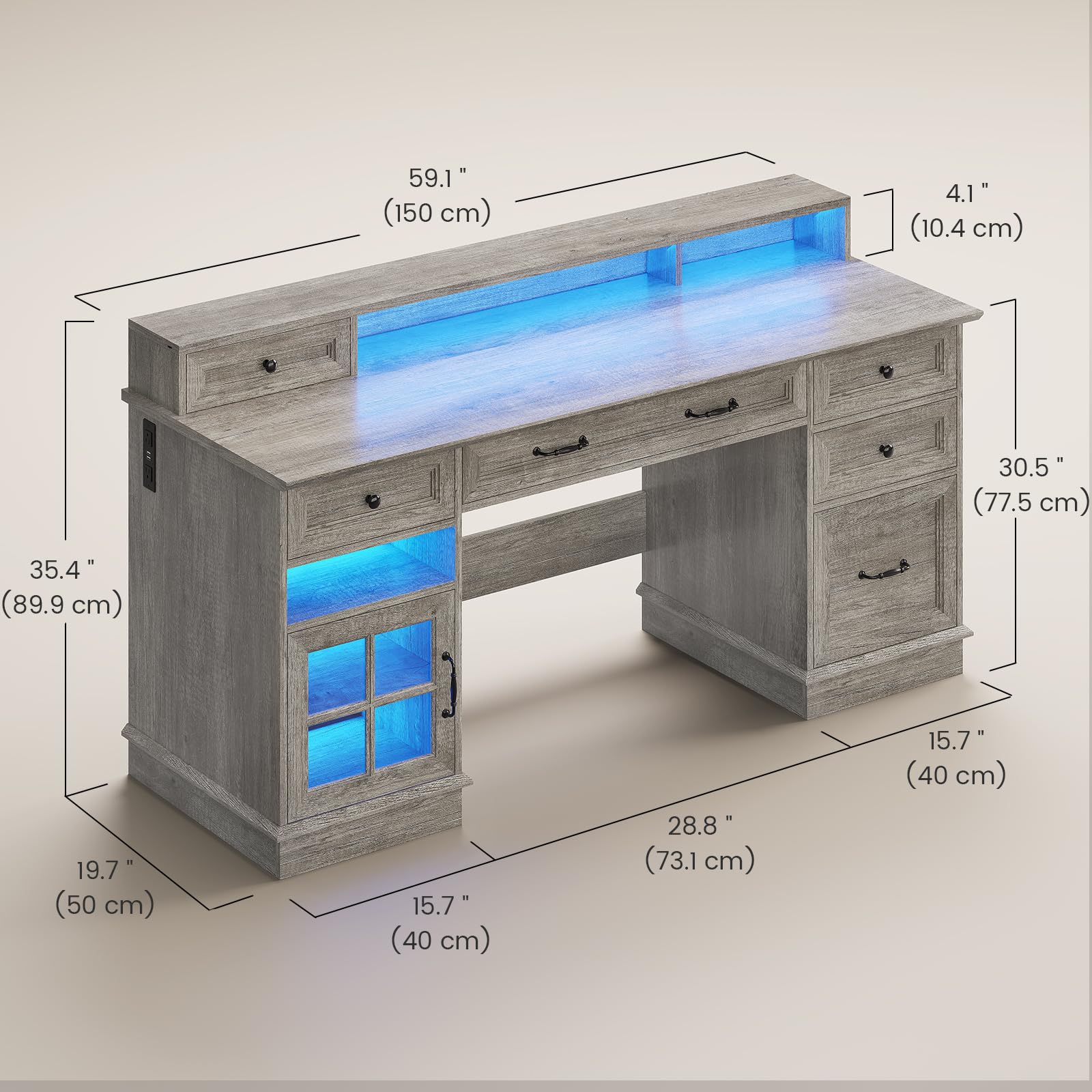 HAUOMS Farmhouse Executive Desk with Drawers Computer Desk with File Drawers, Power Outlet and Led Lights, Executive Office Desk with Storage Cabinet and Monitor Shelf for Home Office,
